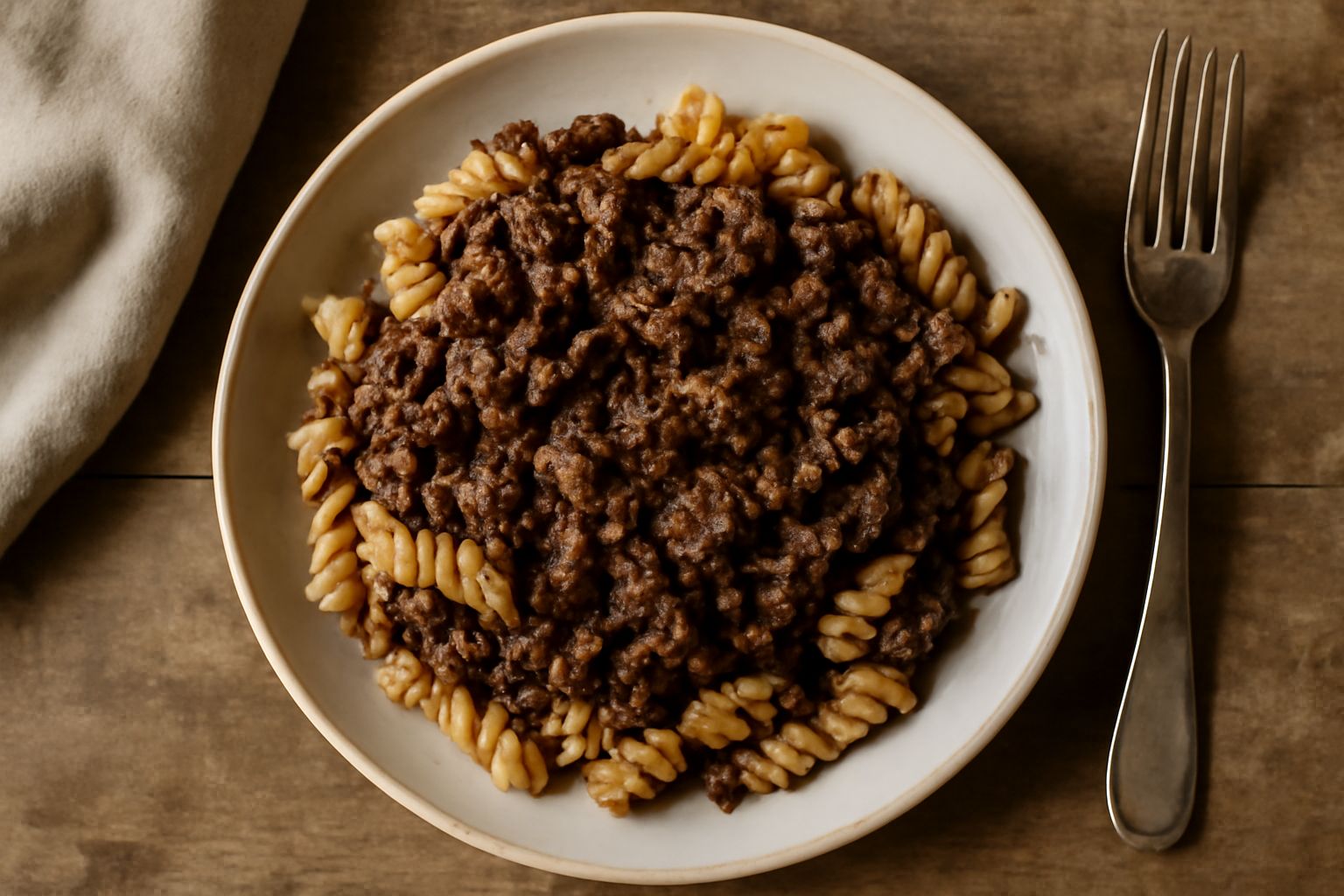 Piatto di fusilli ricoperti di ragù scuro e denso, condimento marrone intenso con particelle di carne visibile, grana di formaggio grattugiato sulla sommità, sfondo neutro