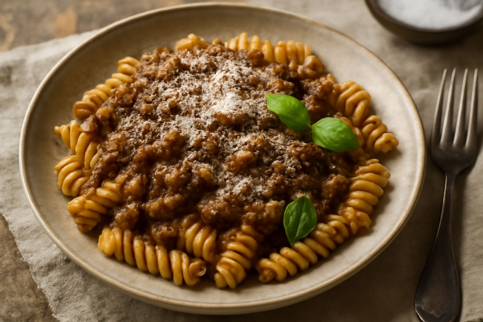 Piatto di fusilli al ragù di vitello servito in ceramica bianca, ragù marrone scuro che avvolge la pasta, grattugia di parmigiano reggiano, basilico fresco sul bordo