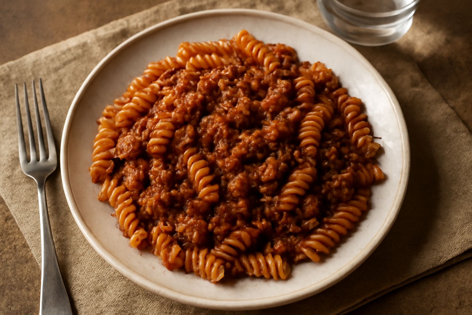 Fusilli rossi di ragù in un piatto bianco, conditi con sugo di carne ricco e denso, grattugiata di formaggio, vapore leggero che sale dalla pasta ancora calda, contorno di pane integrale tostato