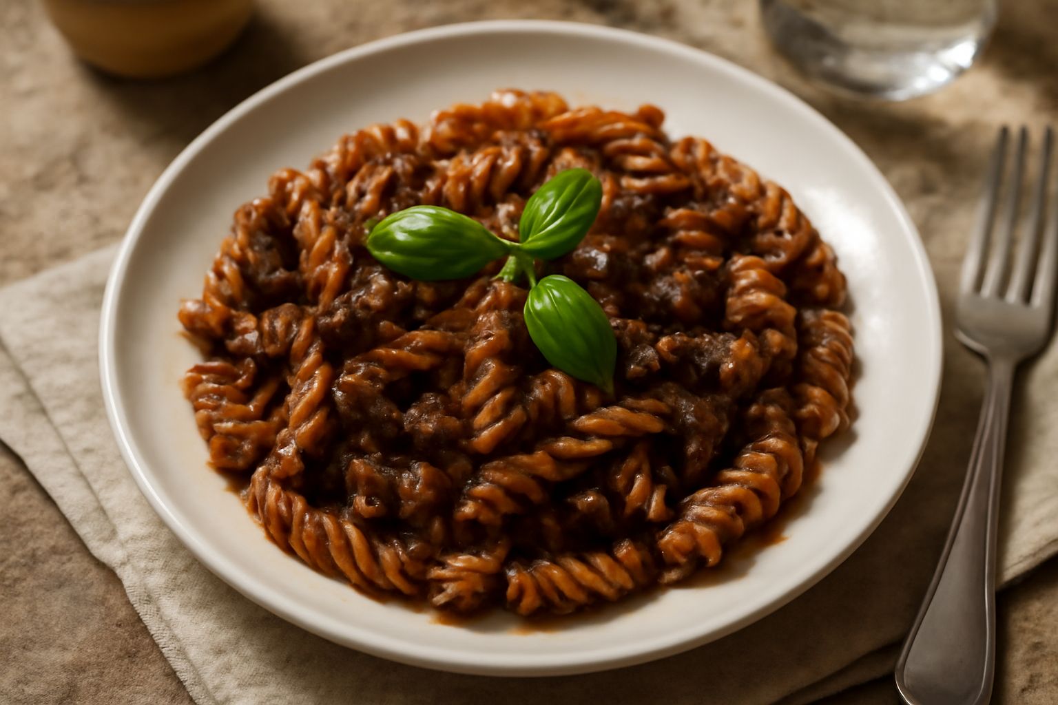 Piatto di fusilli color biondo scuro avvolti da sugo marrone rossiccio di melanzane, con pezzetti di melanzana viola scuro visibili, qualche foglia di basilico verde, servito in piatto bianco con filo