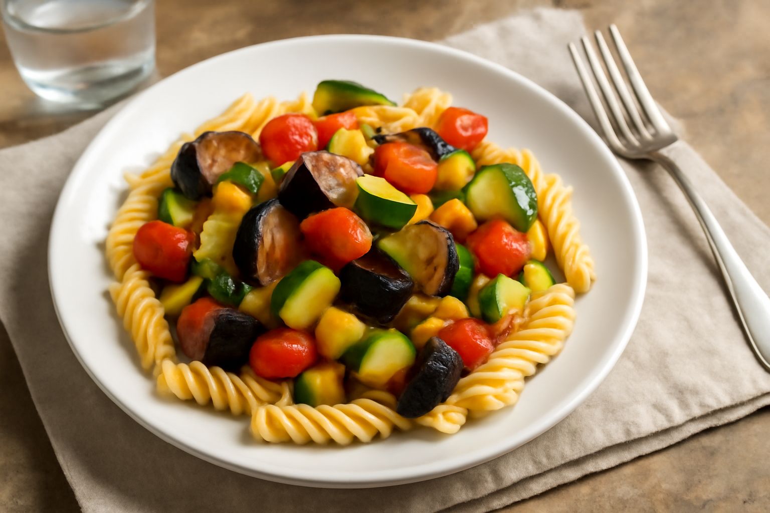 Piatto di fusilli con melanzane grigliate viola, zucchine verdi, pomodori rossi, peperoni gialli e qualche foglia di basilico fresco, olio d'oliva lucido in superficie