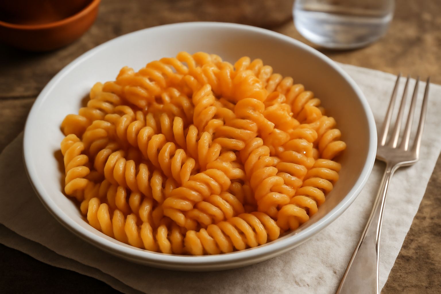Piatto di fusilli corti dorati con condimento rosso a base di pomodoro fresco, basilico verde e parmigiano grattato, serviti in un piatto bianco profondo