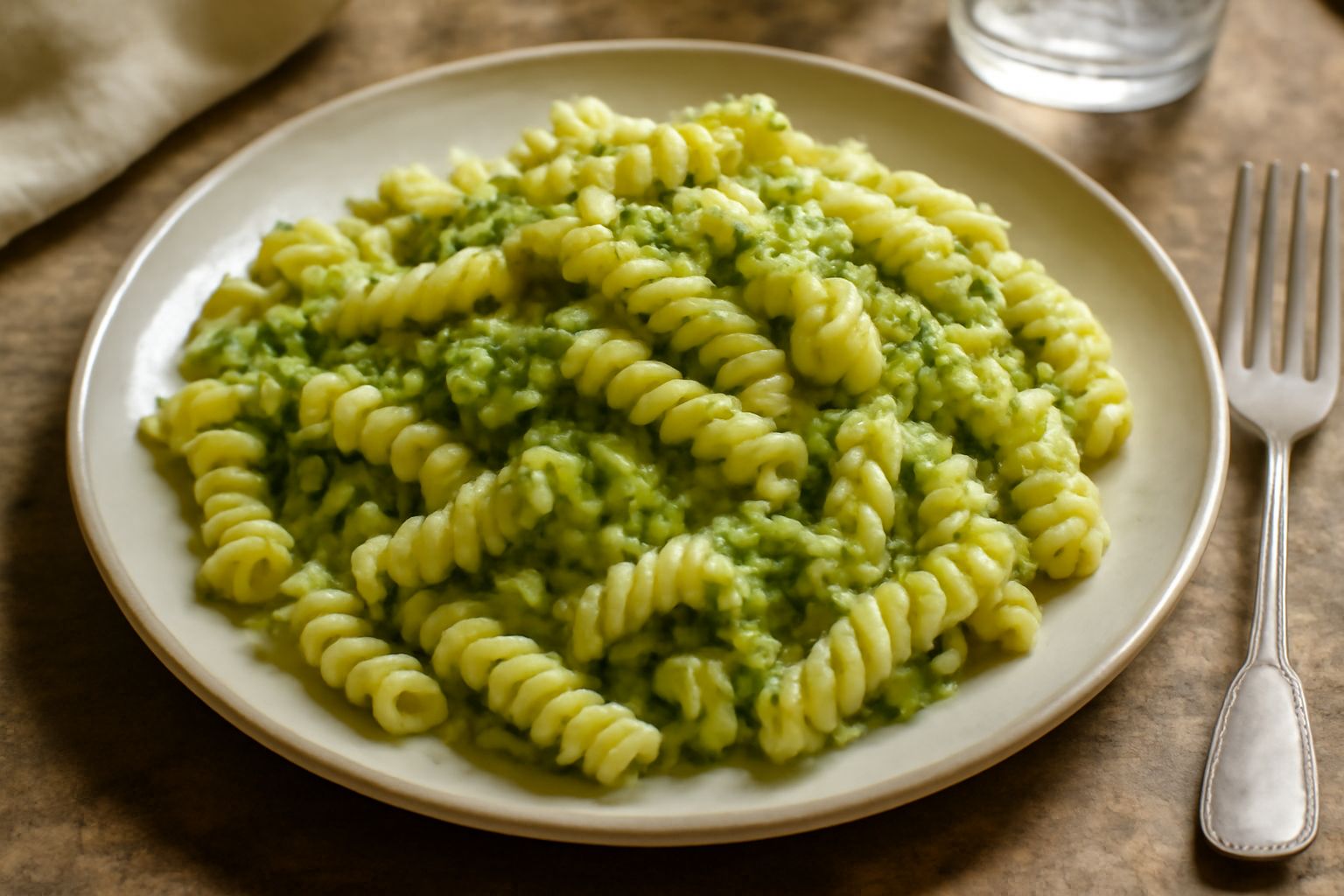 Piatto di fusilli verdi e bianchi amalgamati con broccolo morbido, conditi con olio lucido, aglio dorato e filo di pecorino grattugiato, su piatto bianco