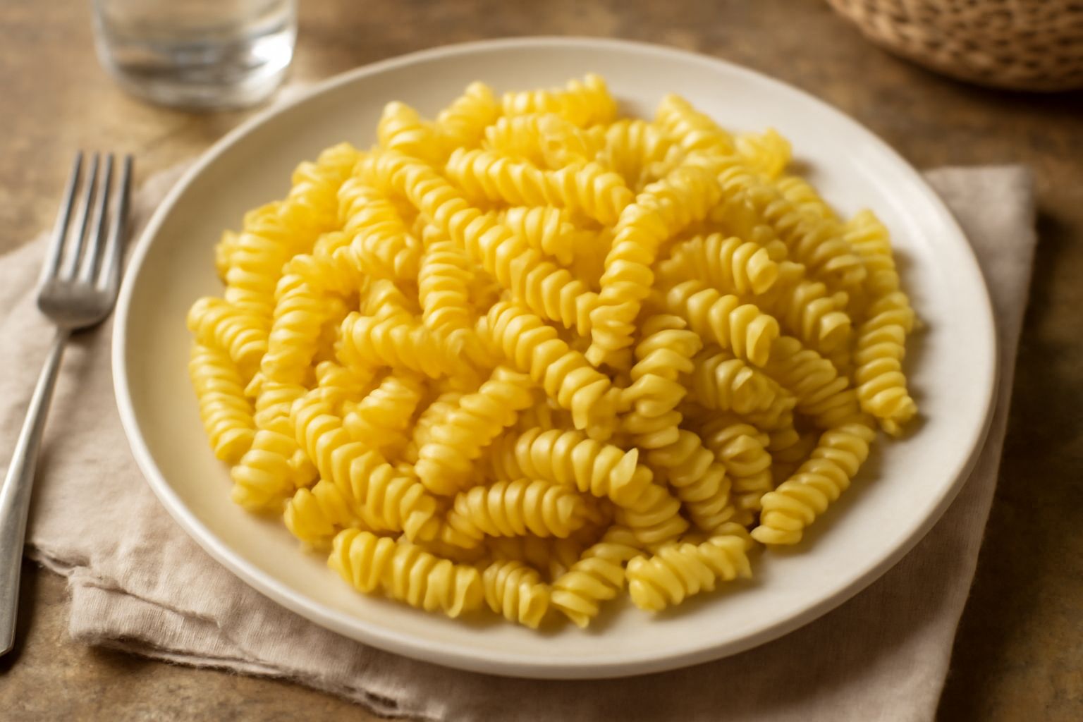 Piatto di fusilli di semola conditi con sugo di pomodoro fresco, pezzi di basilico verde e grattugia di parmigiano, servito in ciotola bianca profonda