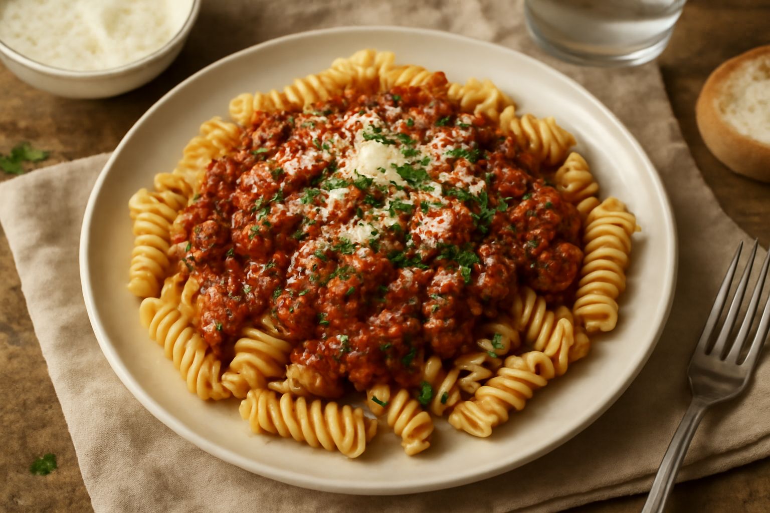 Fusilli color grano in una ciotola bianca, ricoperti di ragù di carne scuro con pezzetti visibili di carne macinata, conditi con parmigiano grattugiato e prezzemolo fresco verde