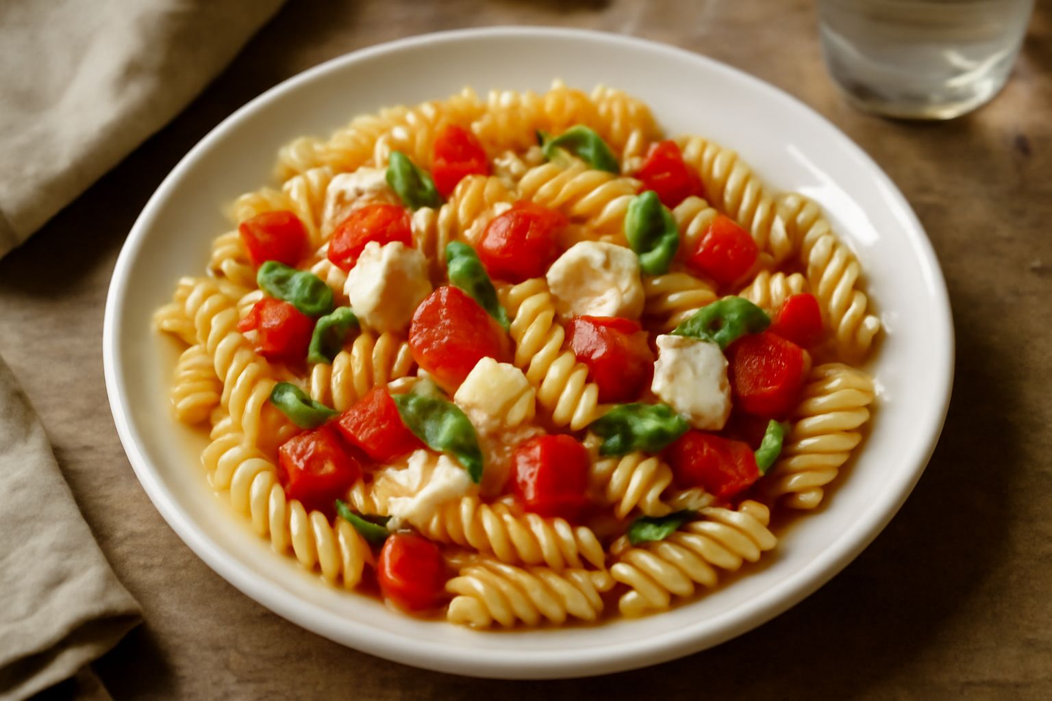 Piatto di fusilli freddi con pomodori rossi a cubetti, mozzarella bianca in pezzi, foglie di basilico verde e olio brillante, serviti in un piatto bianco su tavolo di legno