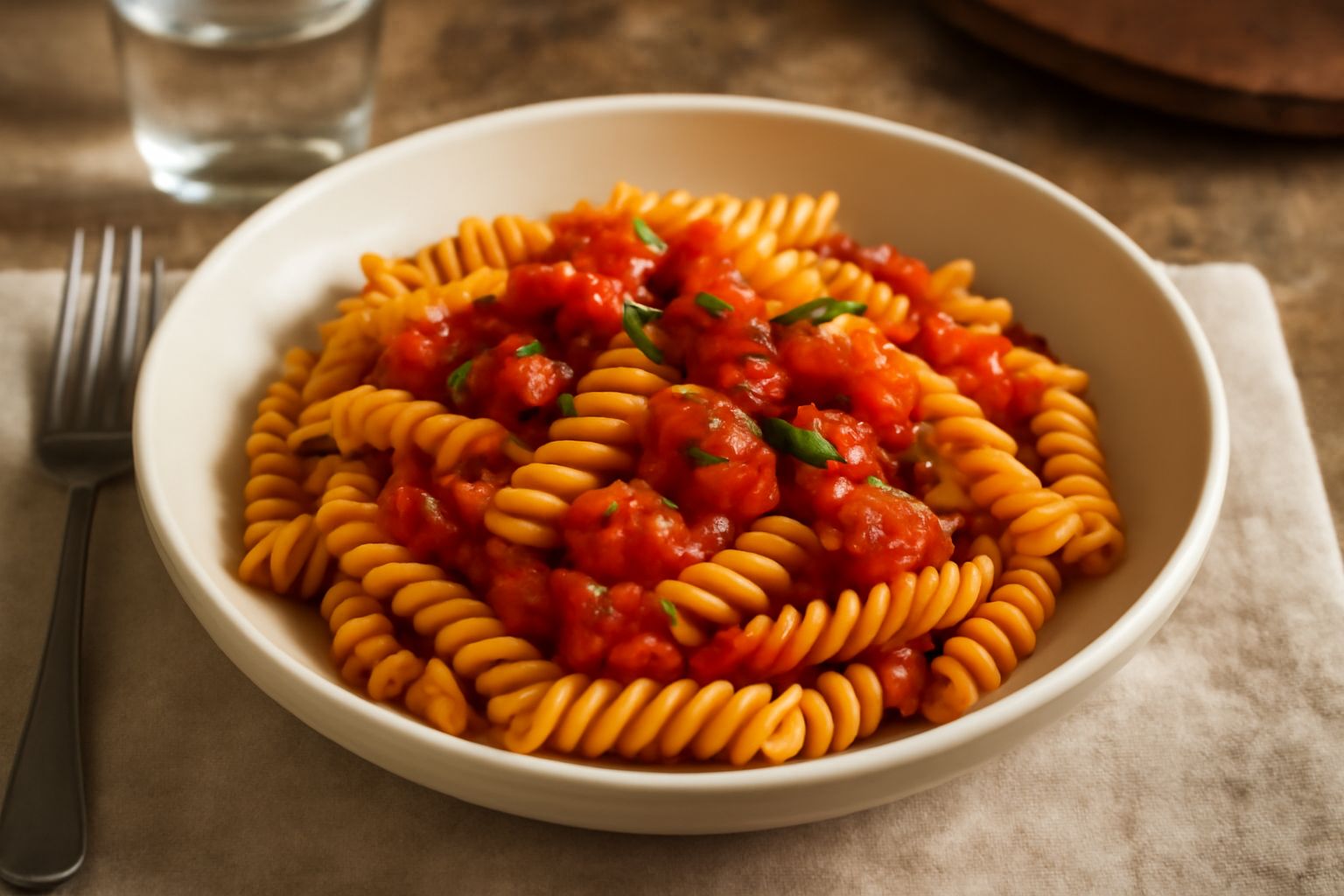 Fusilli molisani color ambra dorato in un piatto bianco, conditi con ragù rosso intenso, guarniti di pecorino grattugiato e prezzemolo fresco, serviti su tavolo di legno scuro