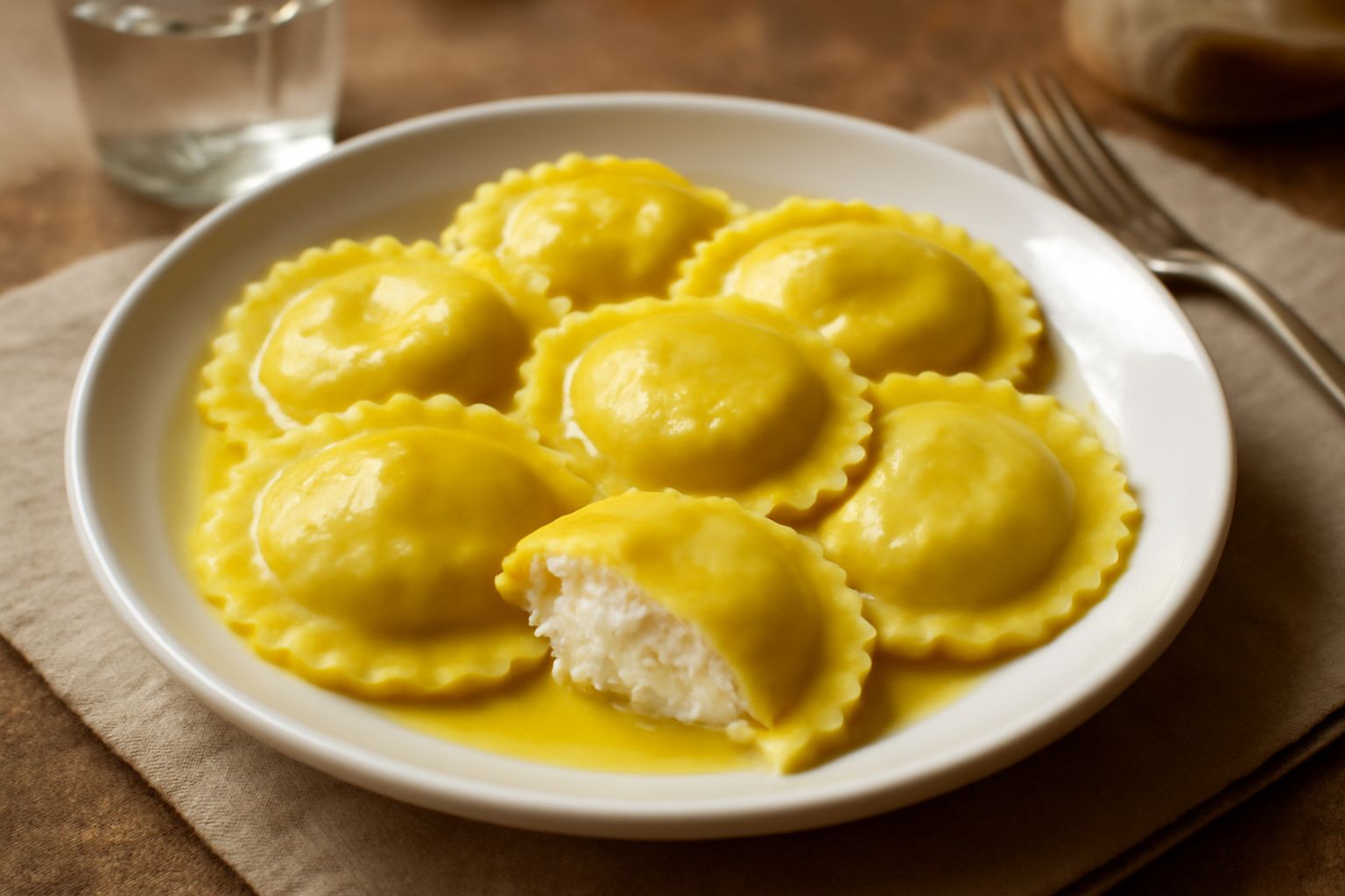 Piatto bianco con quattro «gabbas» di pasta fresca tondeggianti ricoperti di salsa di pomodoro e pecorino grattugiato, guarniti da foglia di menta fresca
