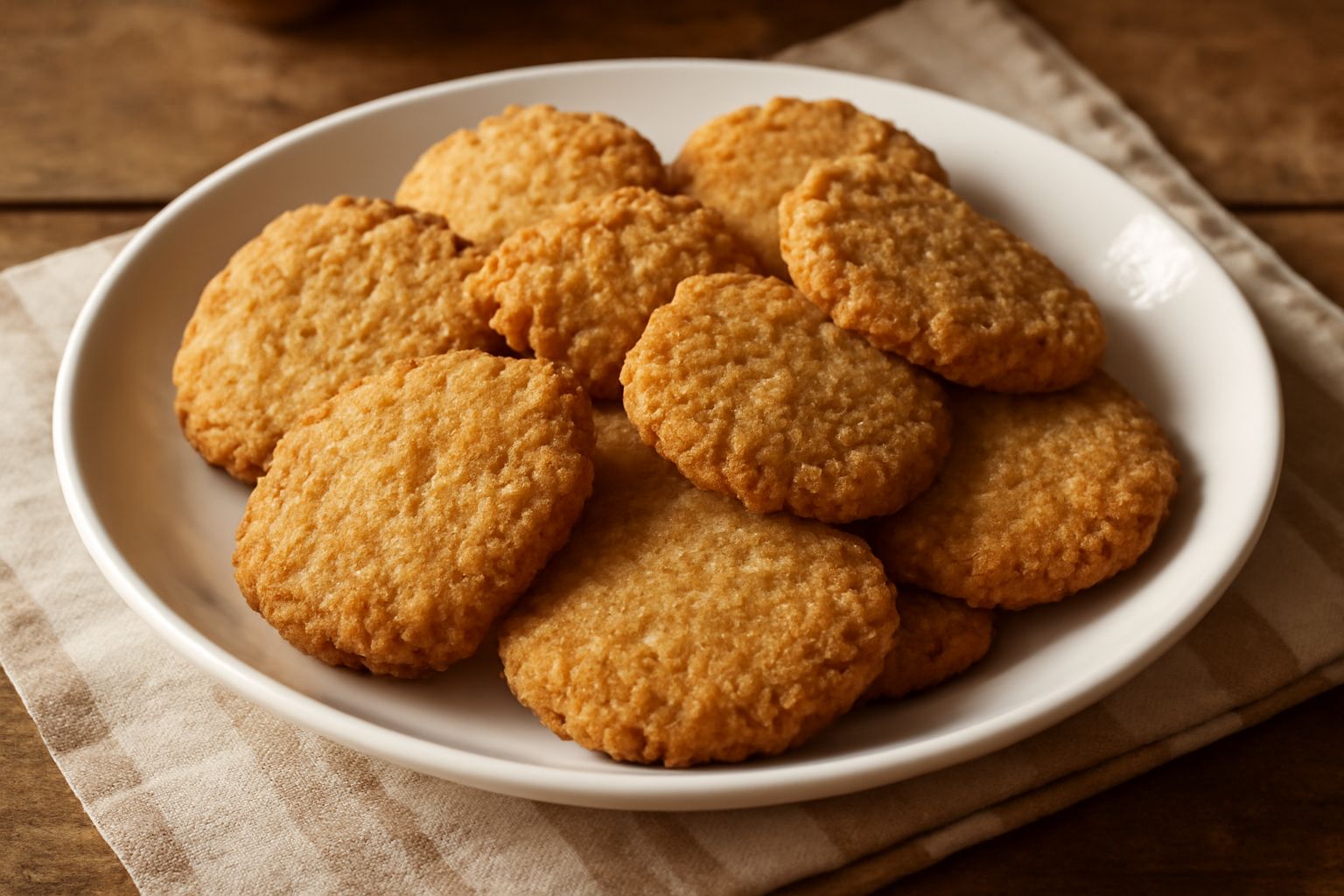 Gabbisonis dorati disposti su un piatto bianco, biscotti irregolari e friabili con superficie croccante e bucce di semola visibili, con una tazza di caffè sfocata sullo sfondo