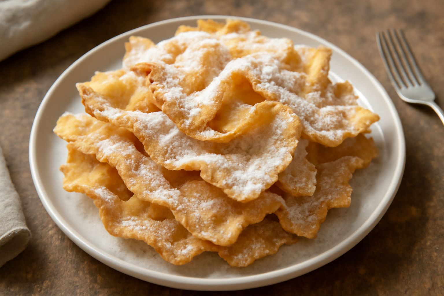Galani dorati e croccanti impilati su piatto bianco, cosparsi generosamente di zucchero a velo, con forme ondulate caratteristiche e bordi leggermente più scuri
