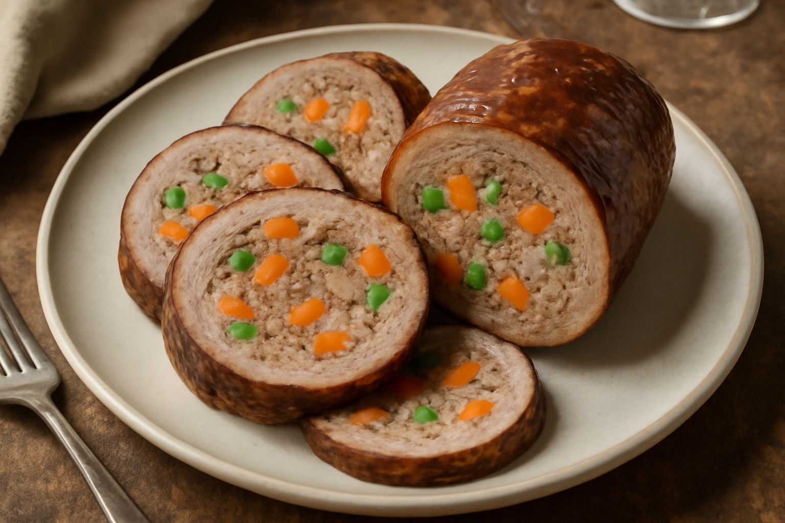 Galantina affettata su piatto bianco, mostrando il ripieno di carne tritata e verdure verde-arancione all'interno, avvolta in gelatina trasparente e lucida, decorata con prezzemolo fresco