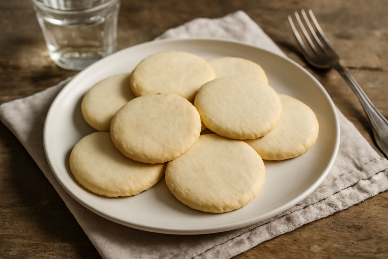 Galette piemontesi su un piatto bianco, color avorio, con forma tonda e leggermente irregolare, superficie liscia e compatta, disposte in fila su sfondo di lino bianco