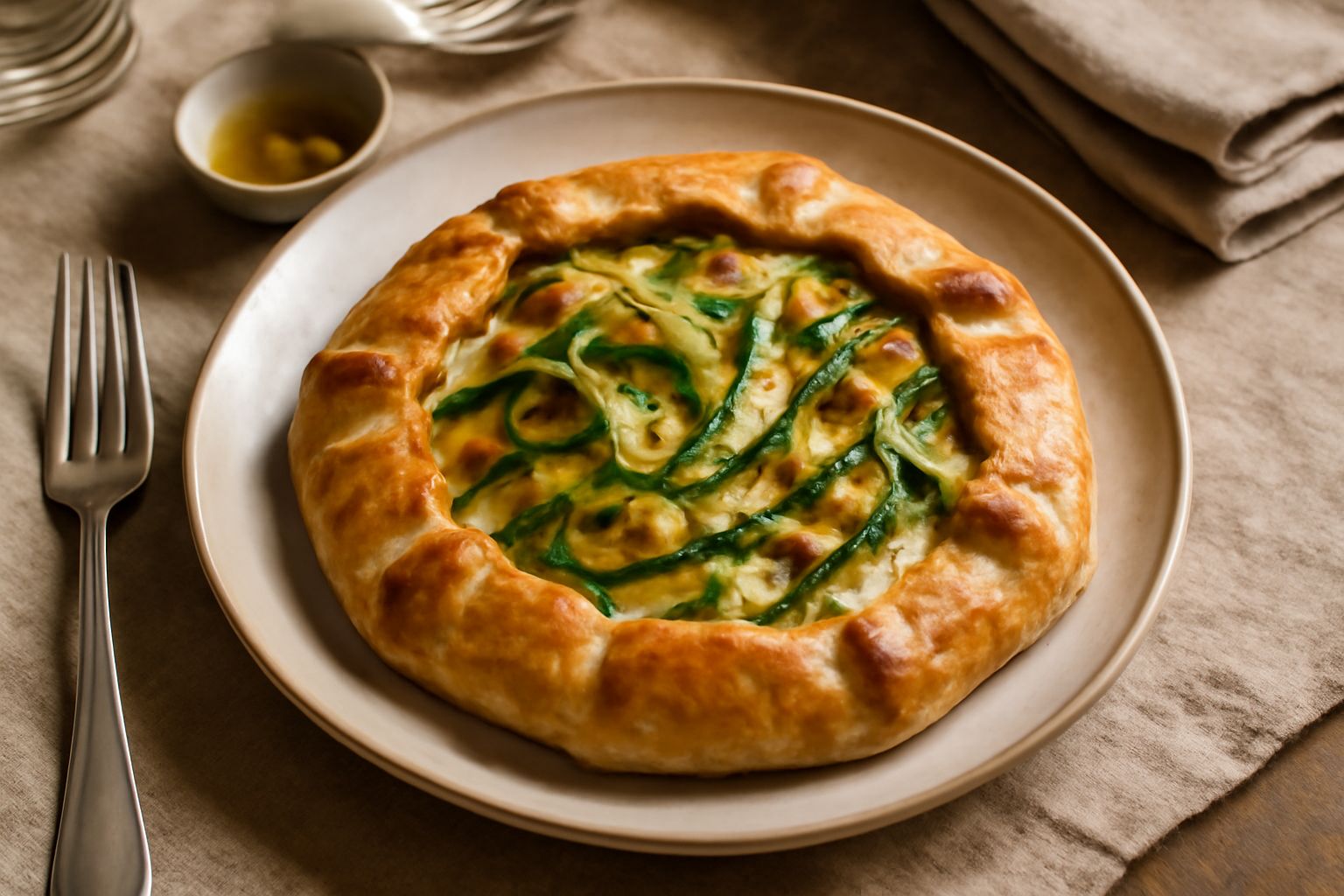 Galette di verdure appena sfornata su un piatto bianco, pasta dorata e croccante ai bordi, ripieno colorato di zucchine, melanzane e pomodori, guarnita con foglie di basilico fresco