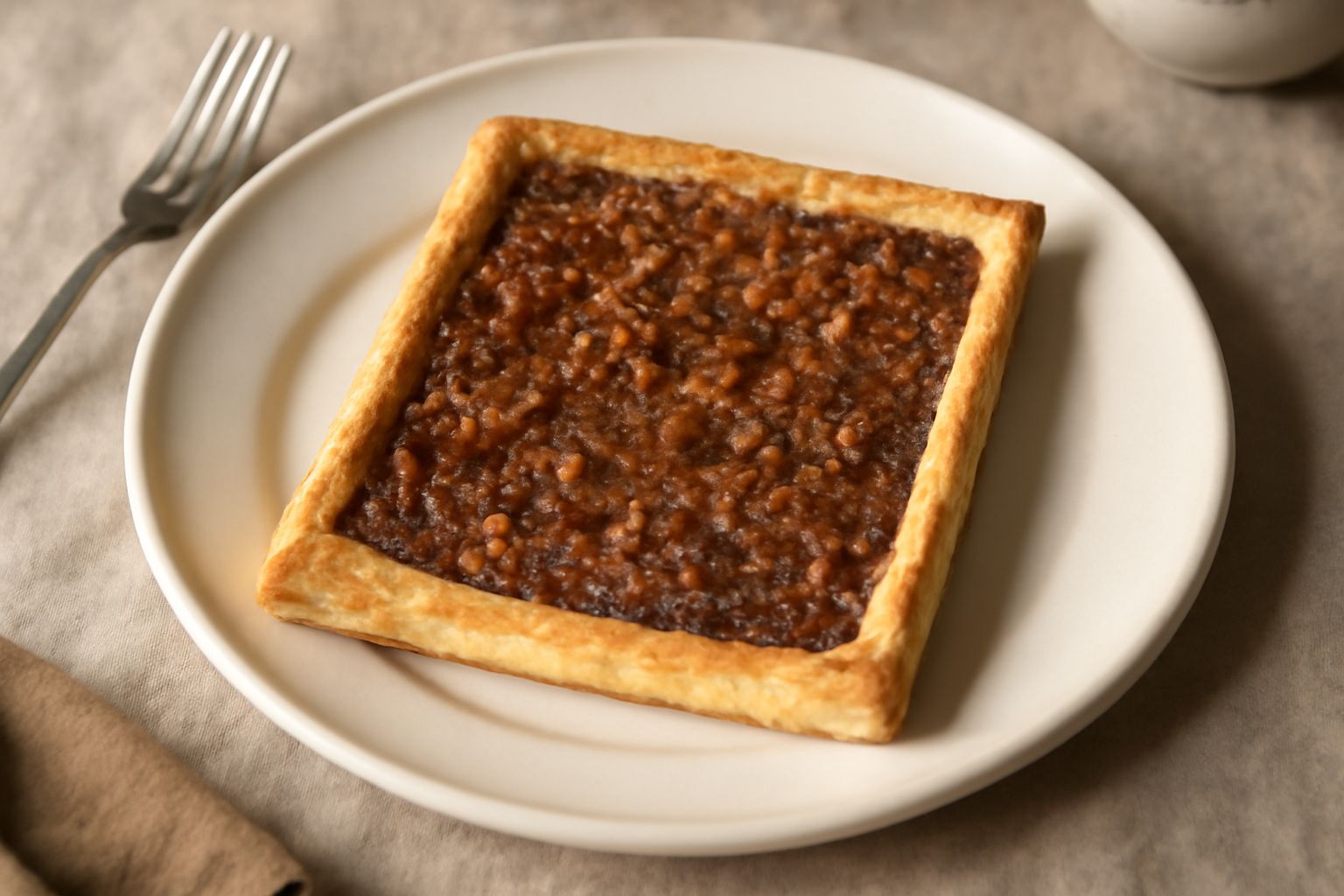Galette piemontese dal colore dorato, spezzata in due pezzi, mostra il ripieno croccante di mandorle tostate, poggiata su un piatto bianco con una tazza di caffè sullo sfondo