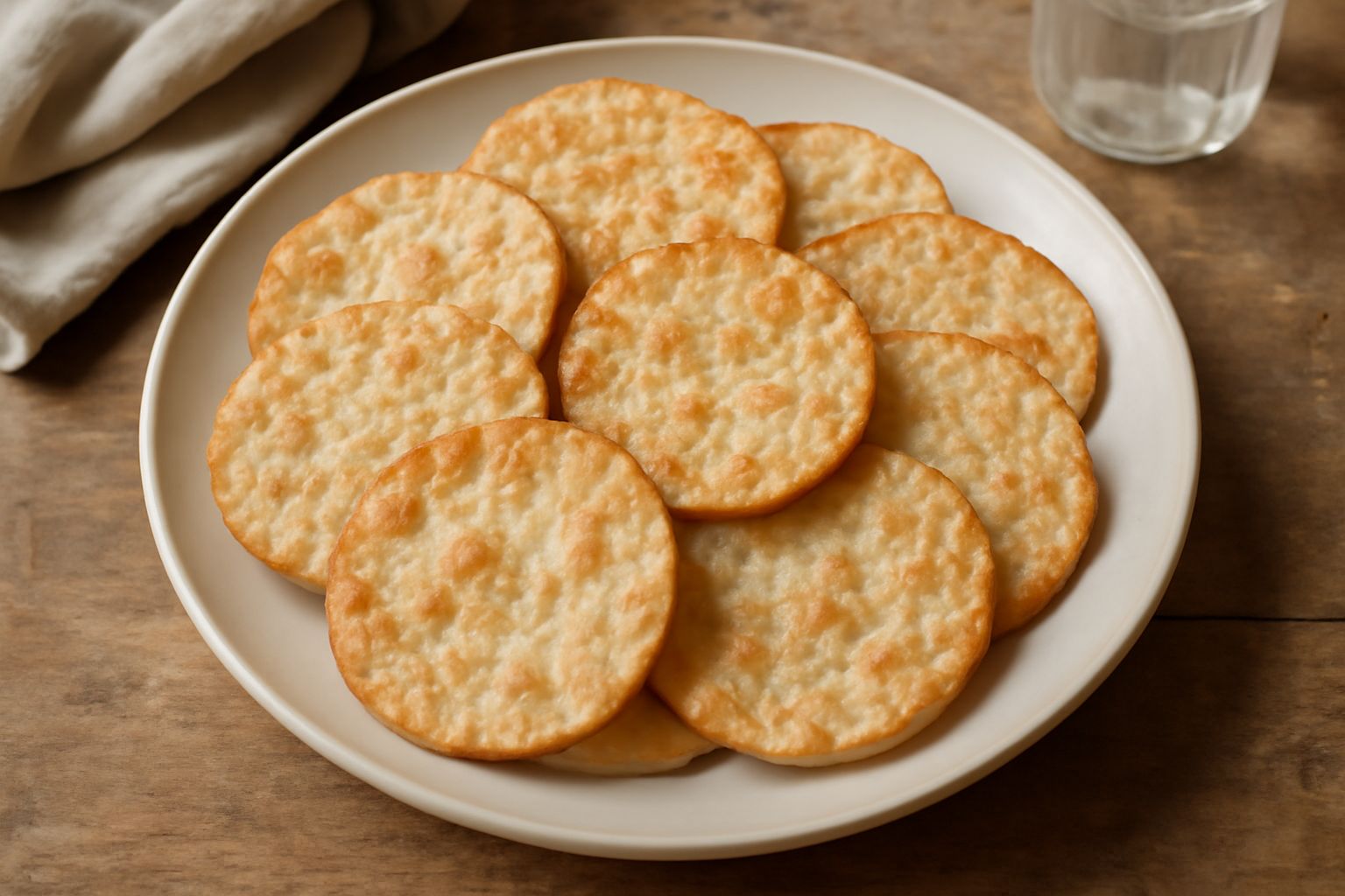 Gallette di riso rotonde e dorate disposte in pila su un piatto bianco, con sfondo di chicchi di riso e un bicchiere d'acqua