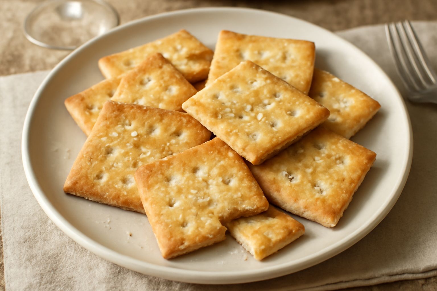 Gallette quadrate color avorio dorate, croccanti e salate, disposte su una tovaglia bianca di tela, con una spruzzata di sale marino grosso visibile sulla superficie