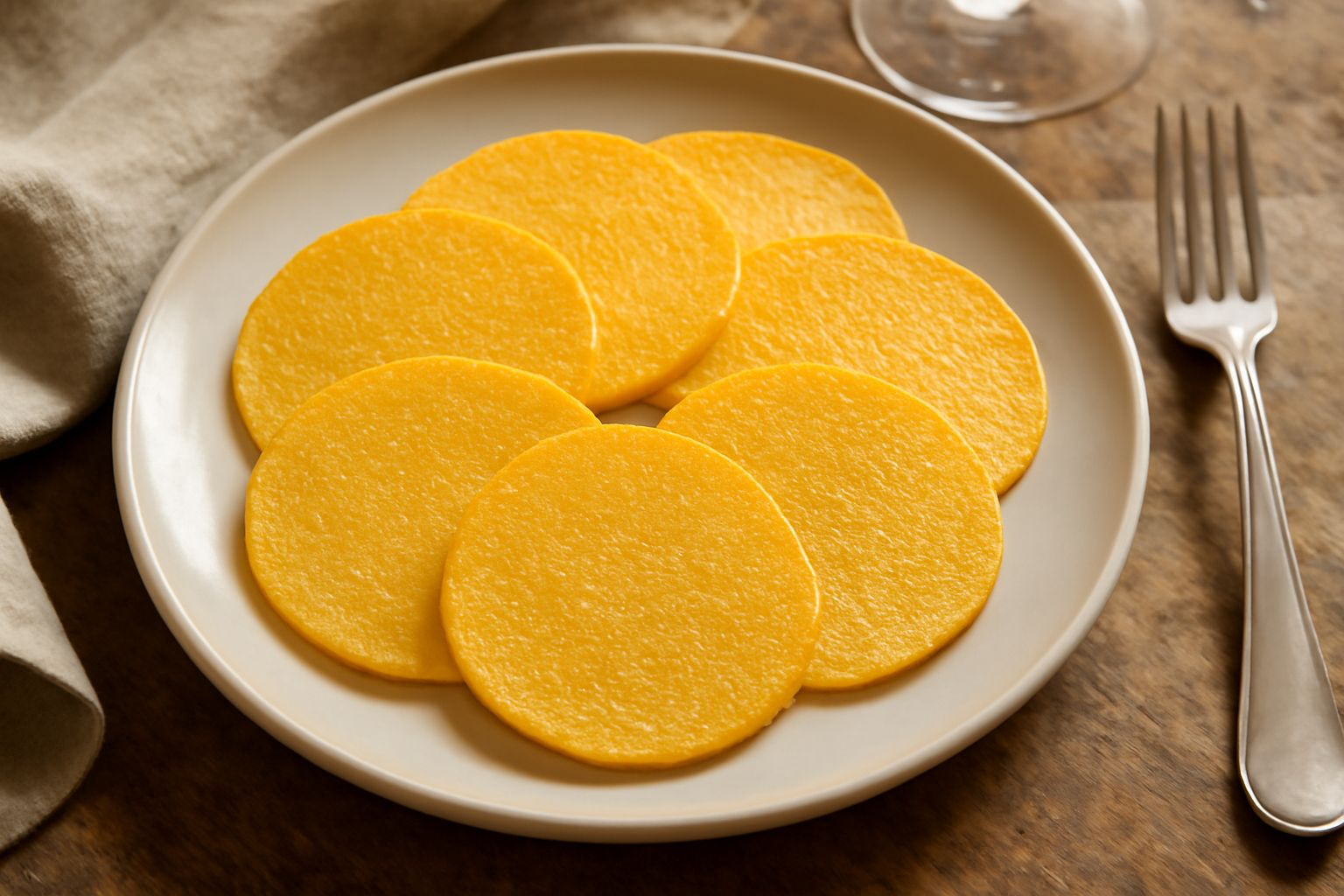 Gallette di polenta dorate e croccanti impilate su un piatto bianco, con una leggera doratura uniforme sui bordi, contorno di olio d'oliva in una ciotolina.