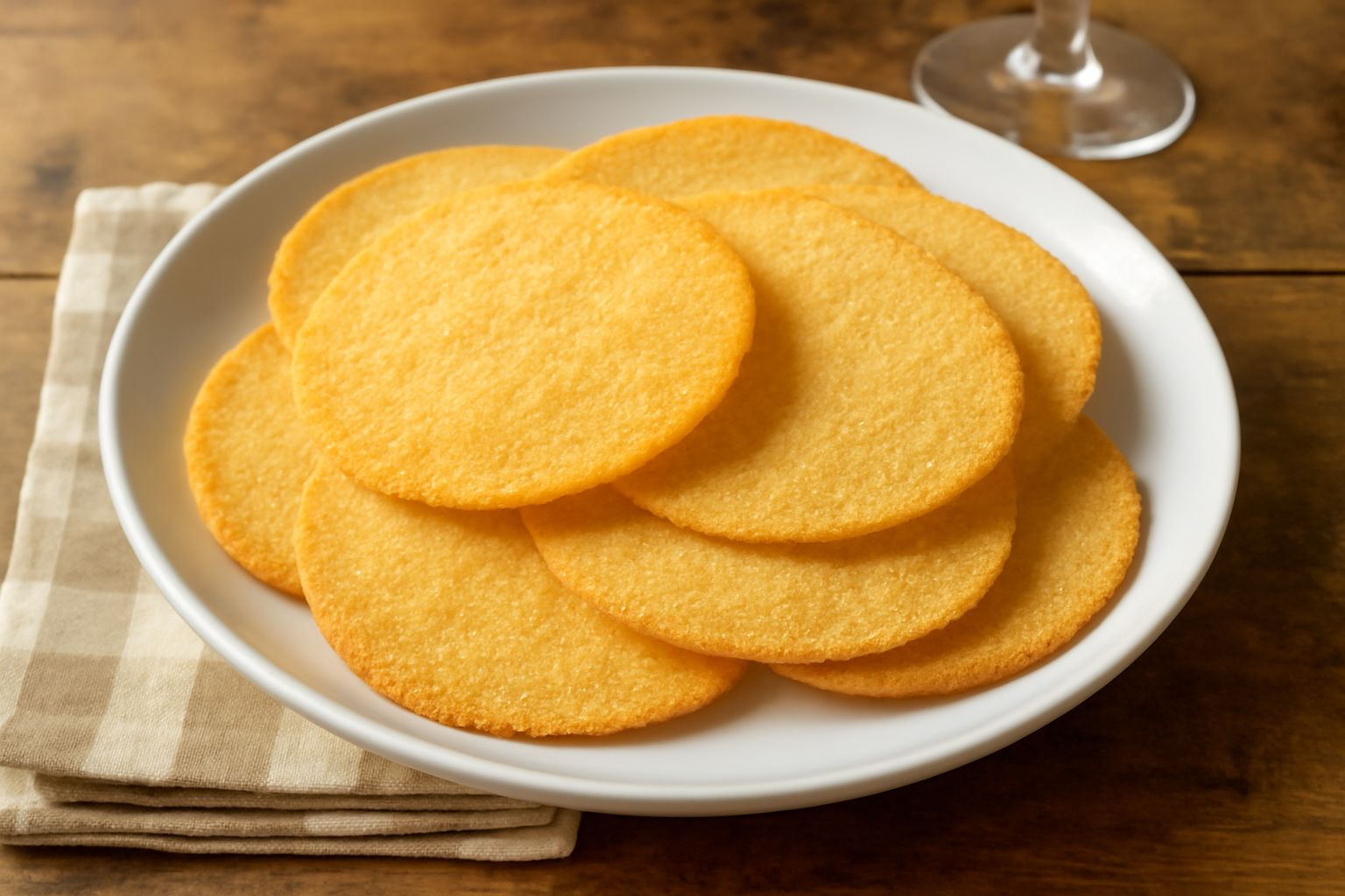 Gallette di semola dorate e croccanti disposte a ventaglio su un piatto di ceramica bianca, con una leggera doratura uniforme e superficie leggermente granulosa visibile in primo piano