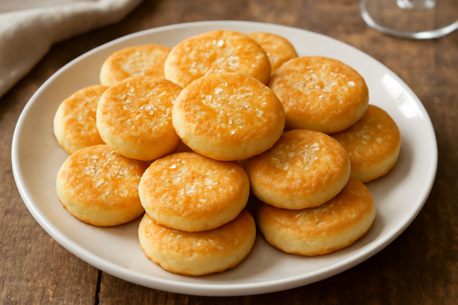 Gallette salate dorate e leggermente gonfie impilate in una ciotola bianca, con una spolverata di sale grosso visibile in superficie e sfondo di legno chiaro