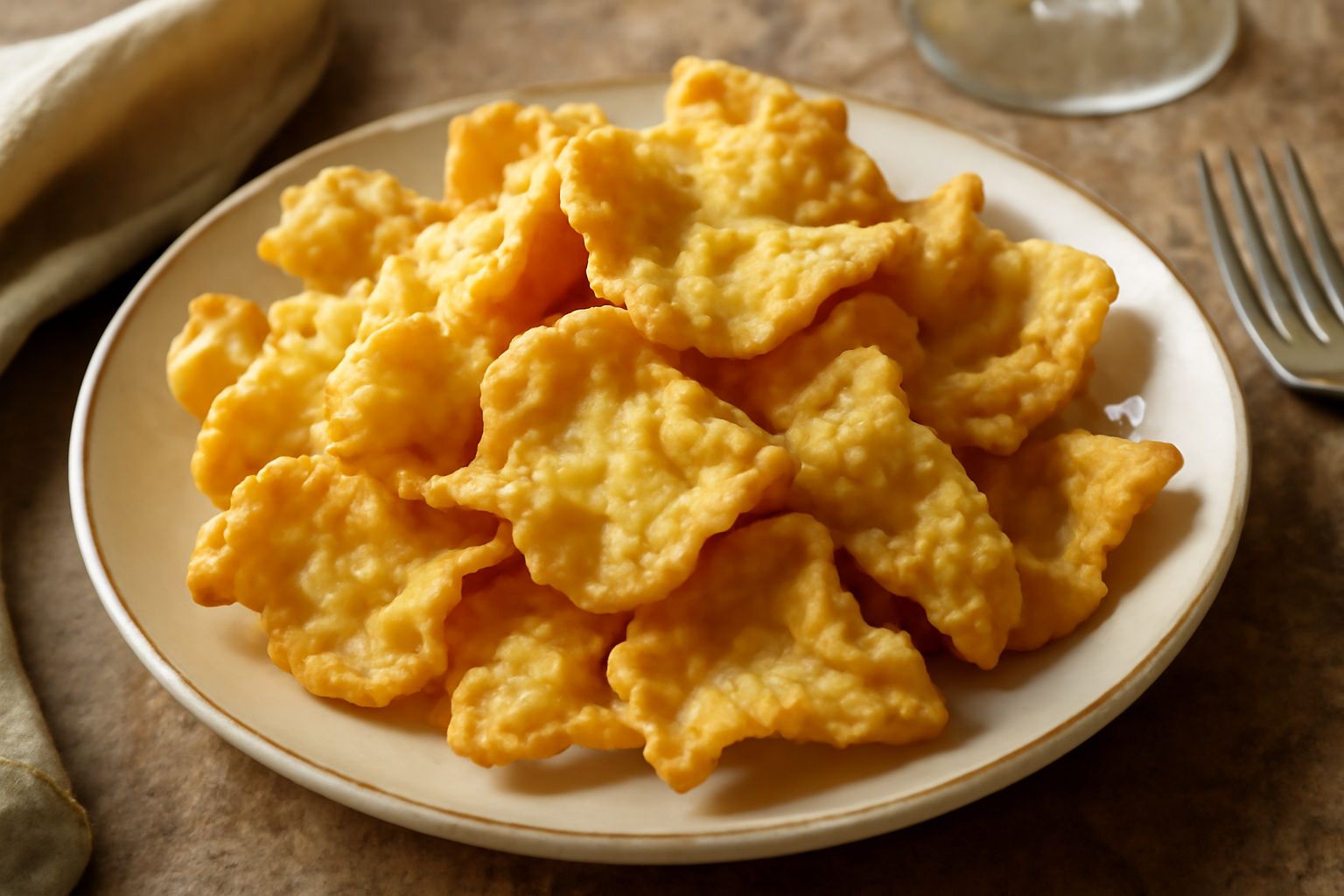Galletti dorati e croccanti appena fritti, disposti su carta assorbente bianca, con superficie irregolare e sfoglia visibilmente soffiata, leggermente salati in superficie