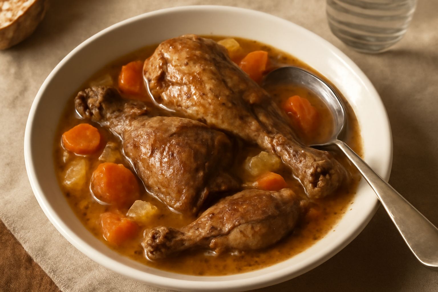 Una pentola in terracotta con gallina in umido: pezzi di carne scura circondata da verdure rosse e gialle, sedano e carota tagliate, brodo denso e ristretto, servito in piatto bianco fondo con cucchia