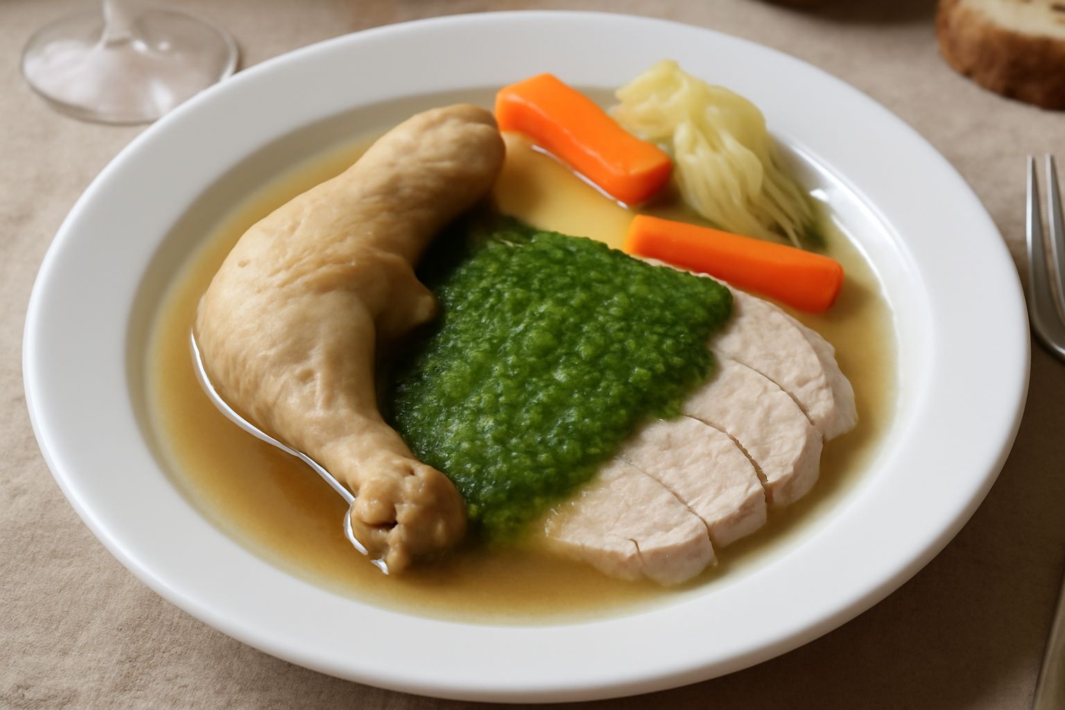 Piatto bianco con fette di gallina cotta tenerissime, brodo chiaro intorno, salsa verde brillante versata sopra, decorata con prezzemolo fresco e fette di limone al bordo