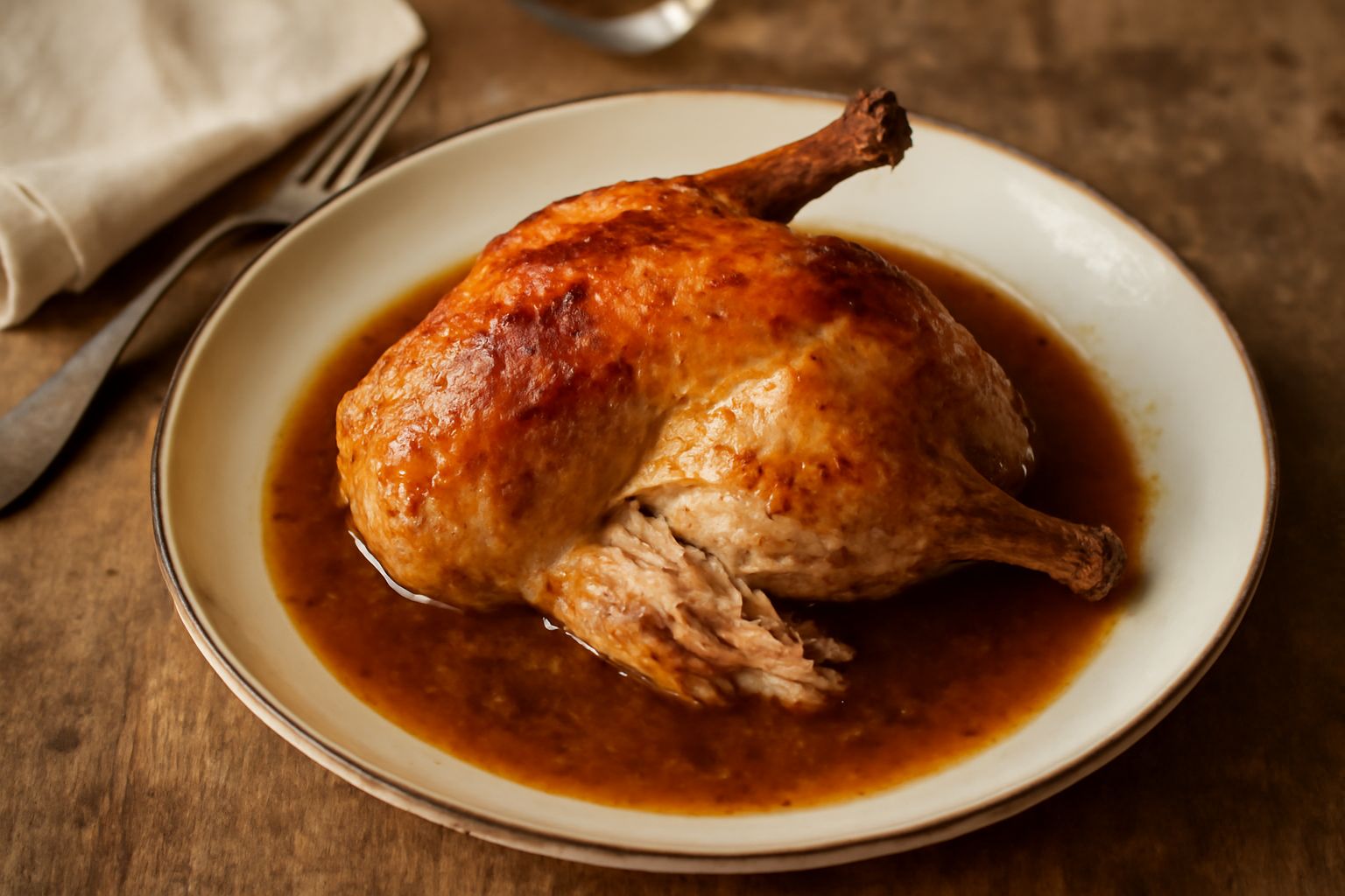 Gallinella di monte arrosto intera dorata in pirofila di ceramica bianca, circondata da spicchi d'aglio arrostito e rametti di rosmarino croccante, su tavolo di legno