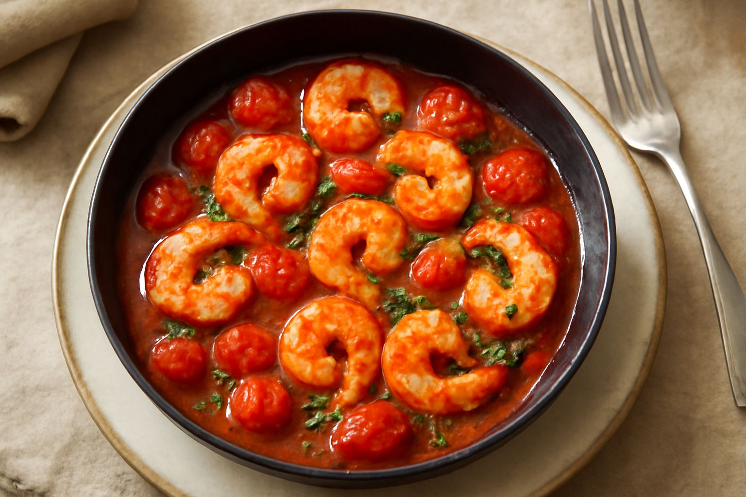 Gamberetti rosati saltati in una padella bianca, circondati da pomodorini ciliegini rossi e spilluzzi di prezzemolo fresco verde, con due spicchi d'aglio a lato