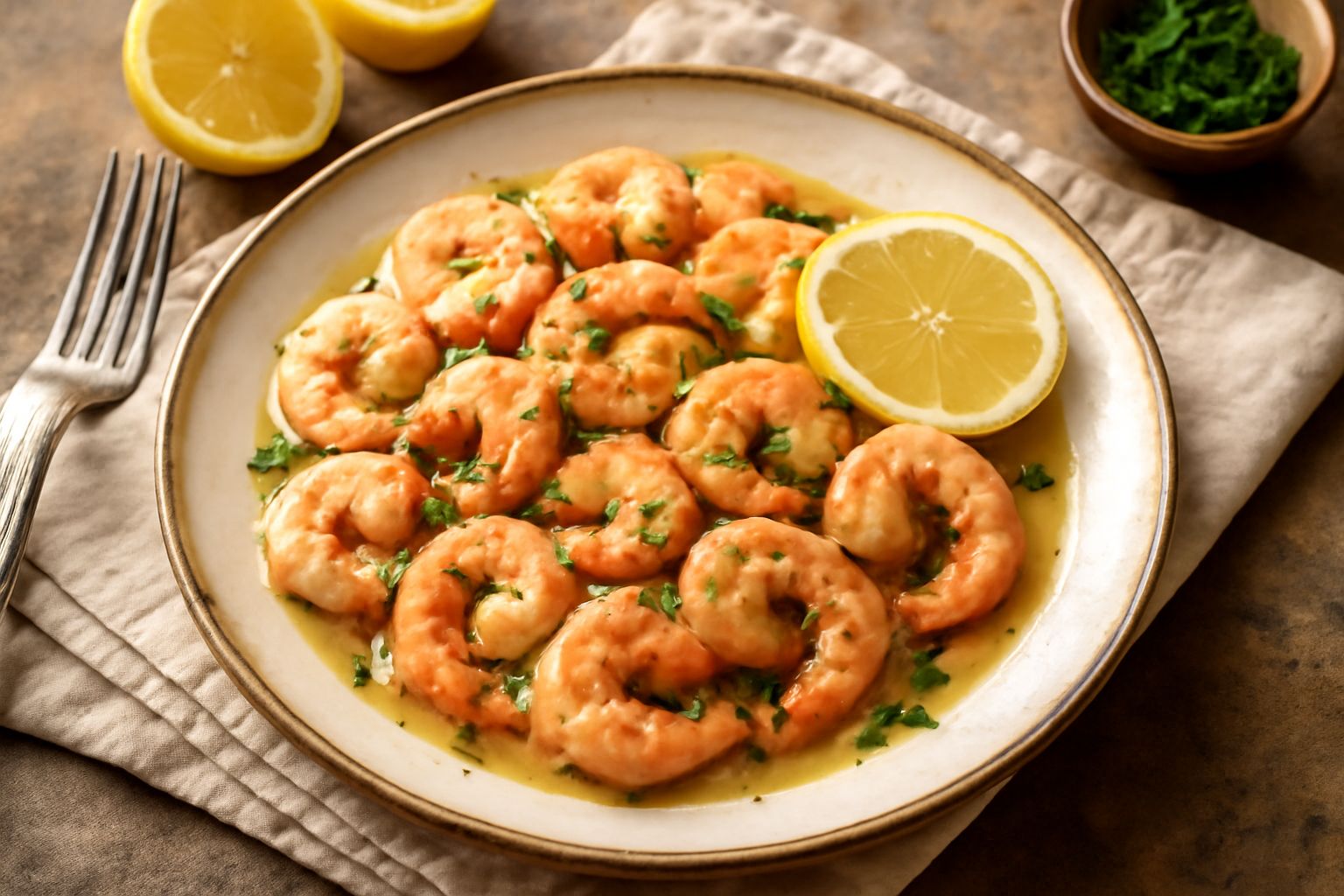 Gamberetti rosati saltati in padella con fettine di limone giallo, prezzemolo fresco tritato e gocce di olio d'oliva, serviti su un piatto bianco
