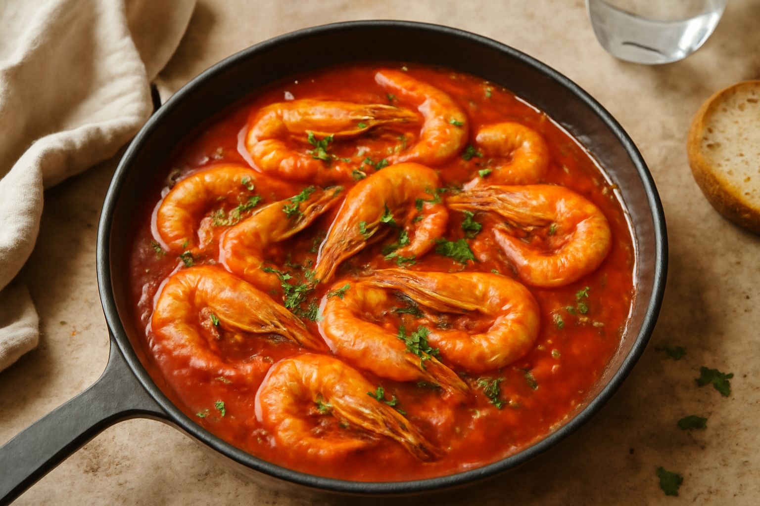 Gamberetti rosa cuocono in un sugo rosso pomodoro in una padella di acciaio, con spicchi di aglio dorato e prezzemolo verde sparso in superficie