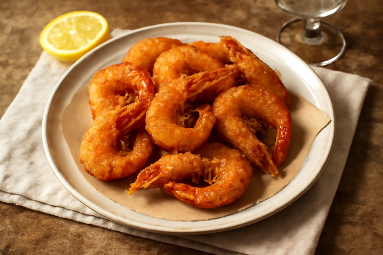 Gamberetti fritti dorati e croccanti disposti su carta assorbente bianca, con una leggera polvere di sale marino, limone fresco tagliato a spicchi e prezzemolo tritato sui lati del piatto