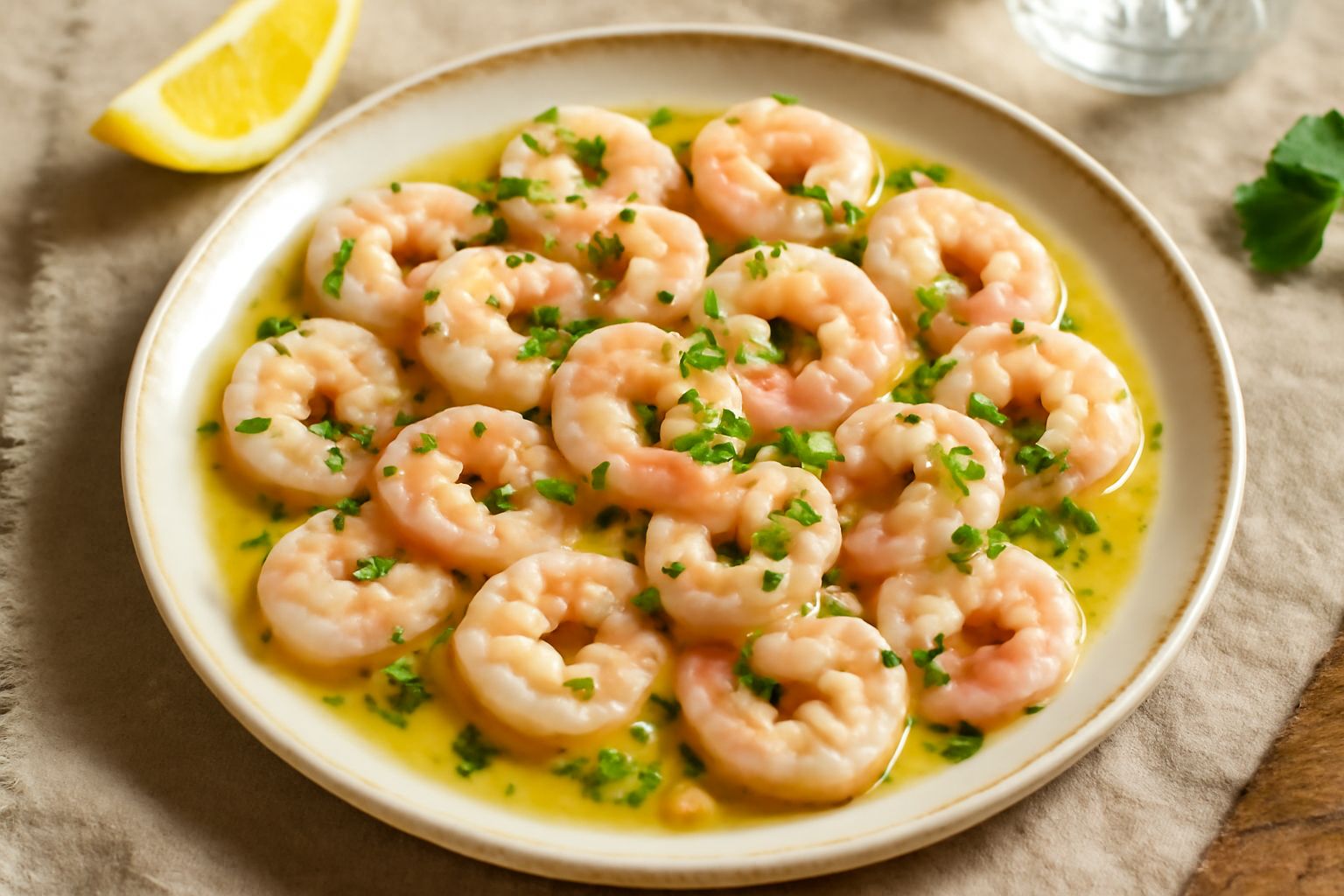 Gamberetti rosa e bianchi marinati in olio dorato con fette di limone giallo, prezzemolo verde e aglio in una ciotola di ceramica bianca, su sfondo di legno scuro