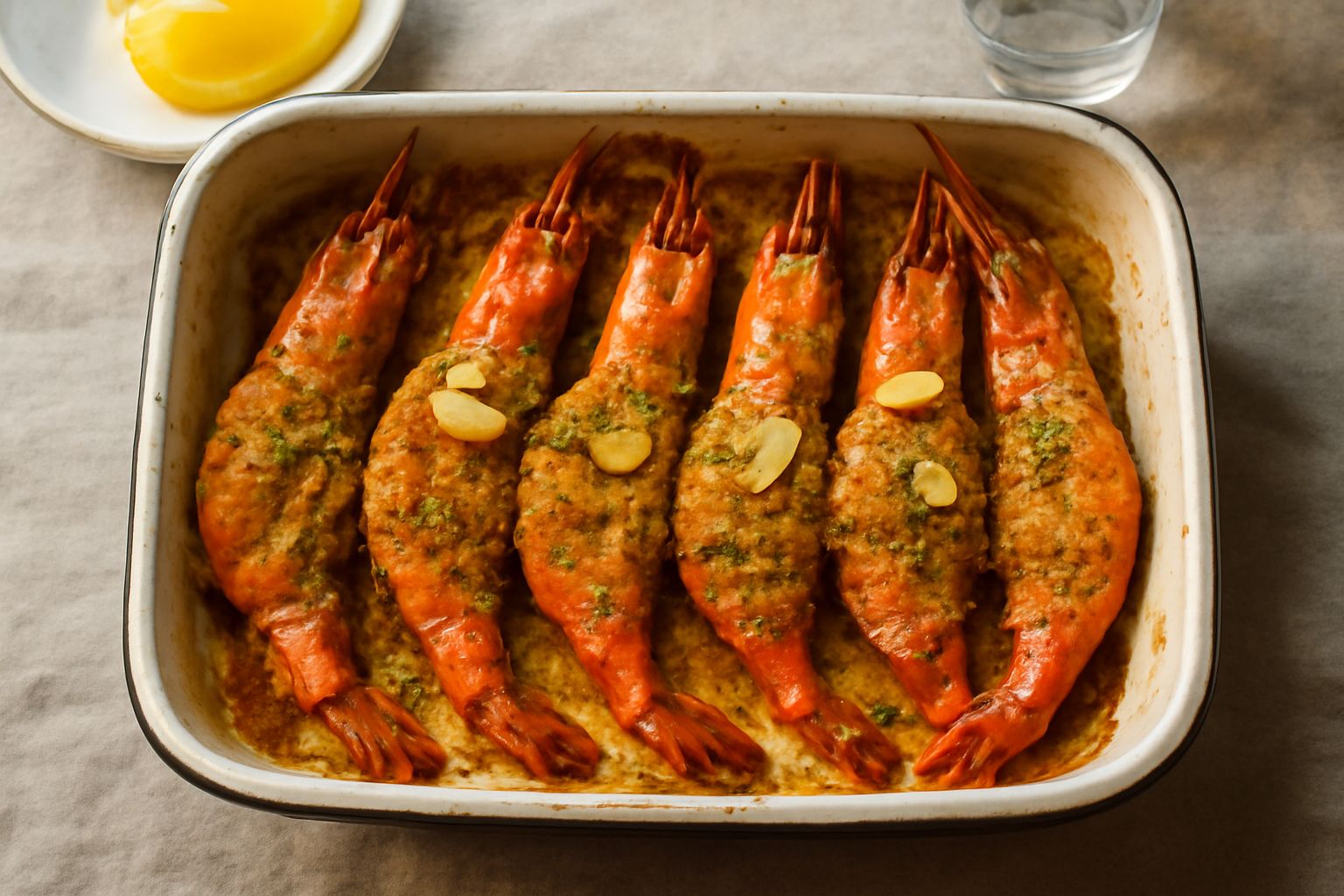 Gamberi rossi e dorati in teglia al forno, cosparsi di pangrattato biondo, aglio affettato e prezzemolo fresco. Limone affettato sul lato. Vapore caldo dalla teglia calda.