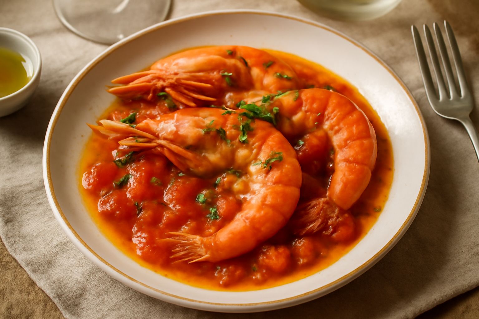 Gamberi rosa e bianchi in un piatto bianco con salsa di pomodori freschi, prezzemolo verde e filo di olio d'oliva, su sfondo di legno chiaro