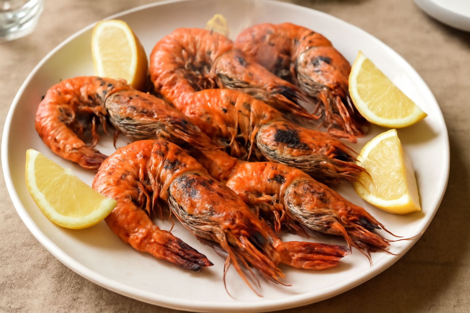 Gamberi interi rosa-arancio sulla griglia incandescente, parzialmente anneriti, con limone tagliato a spicchi ai lati e gocce d'olio brillante. Piatto bianco con bordo grigio, fresh herbs sparse.