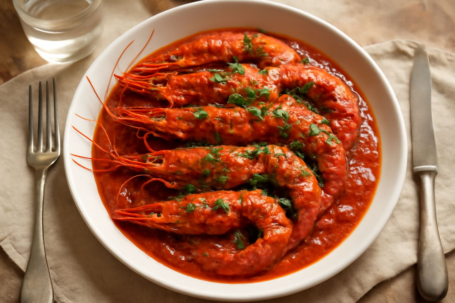 Gamberi rossi interi disposti in una padella bianca con salsa di pomodoro rosso acceso, prezzemolo verde fresco tritato, aglio dorato ai bordi, vapore visibile dalla cottura
