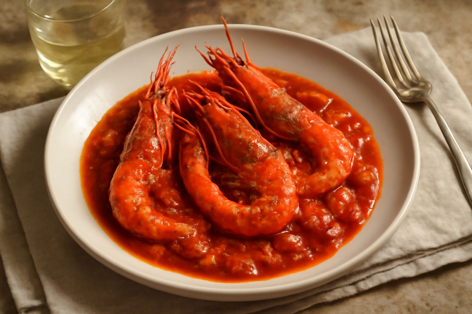 Gamberi rossi lucidi cotti in salsa rossa di pomodoro, guarniti di prezzemolo verde, serviti in un piatto bianco con olio d'oliva lucido e fondo di salsa pomodoro
