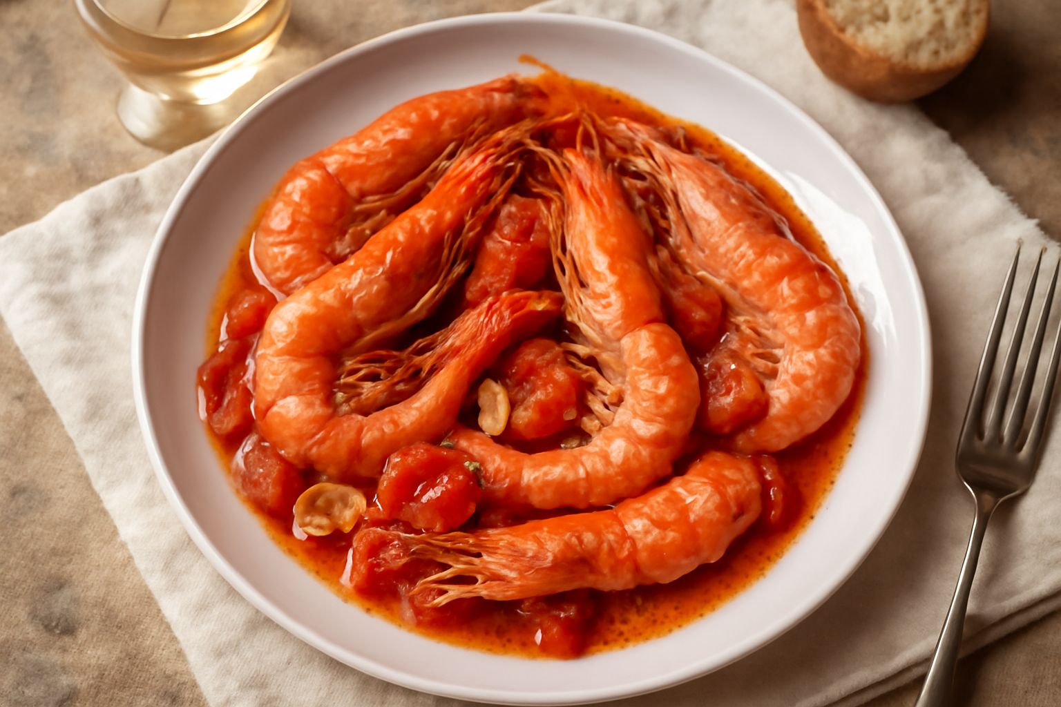 Gamberi rossi in padella con pomodori freschi, aglio affettato e peperoncino rosso, serviti su un piatto bianco con prezzemolo verde fresco