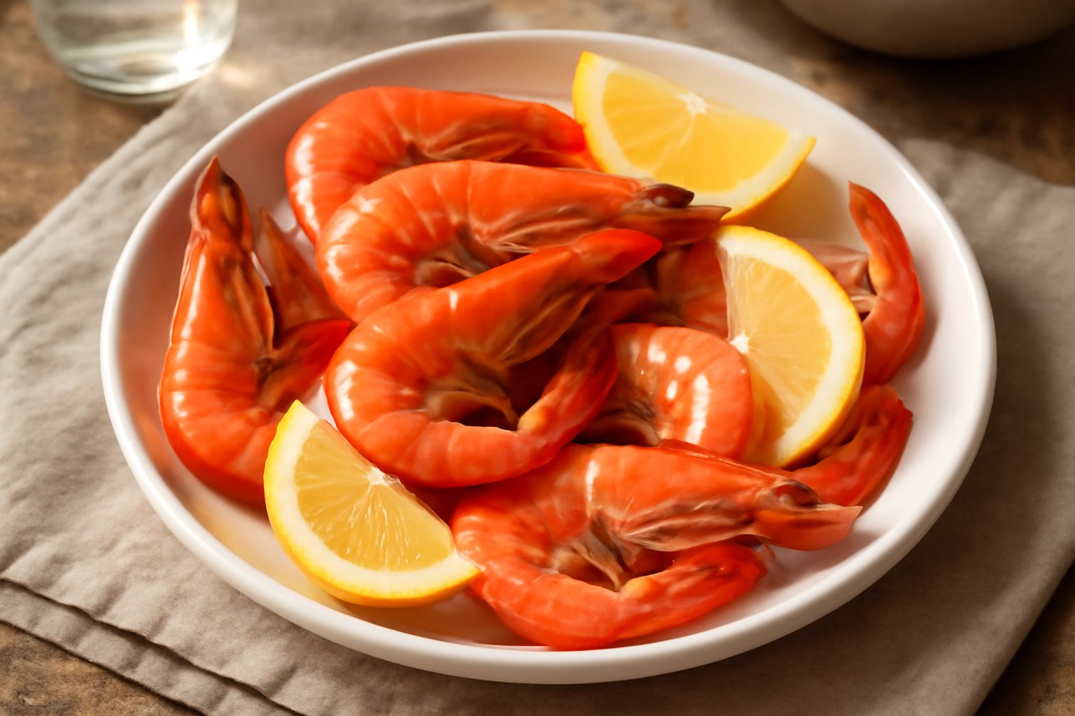Gamberi bolliti di colore rosa intenso disposti su un piatto bianco con spicchi di limone fresco e prezzemolo verde, accompagnati da una ciotola con salsa al limone