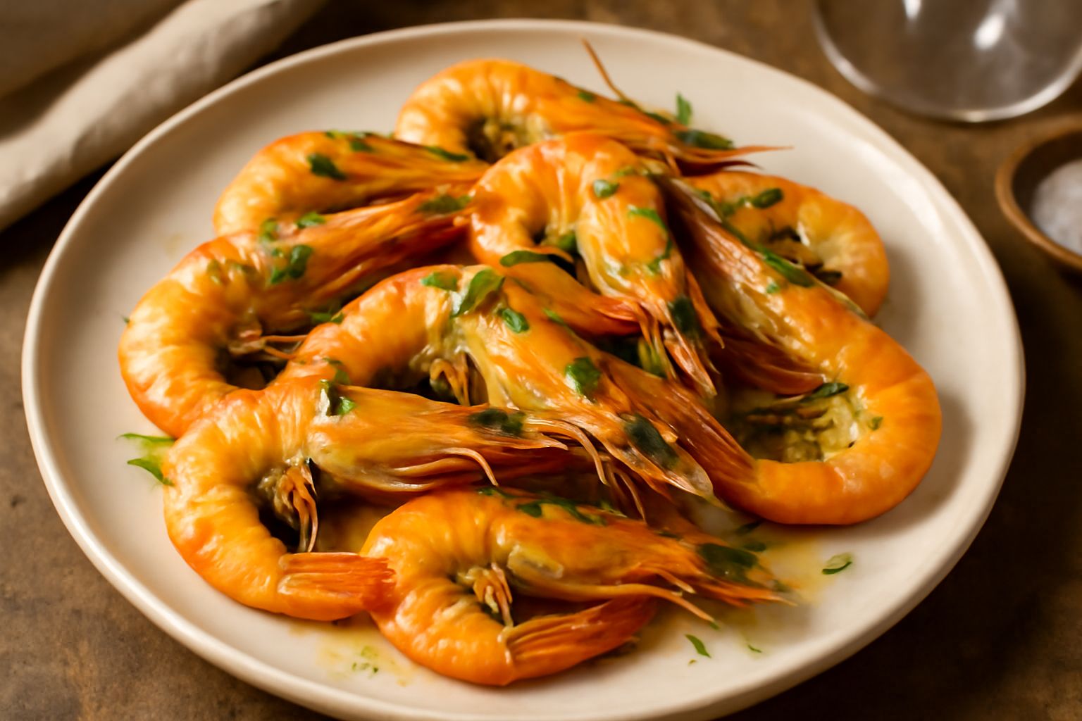 Gamberi d'acqua dolce rosati in padella, guarniti di prezzemolo fresco tritato, con spicchi d'aglio leggermente dorati e olio extravergine che brilla, serviti su un piatto bianco