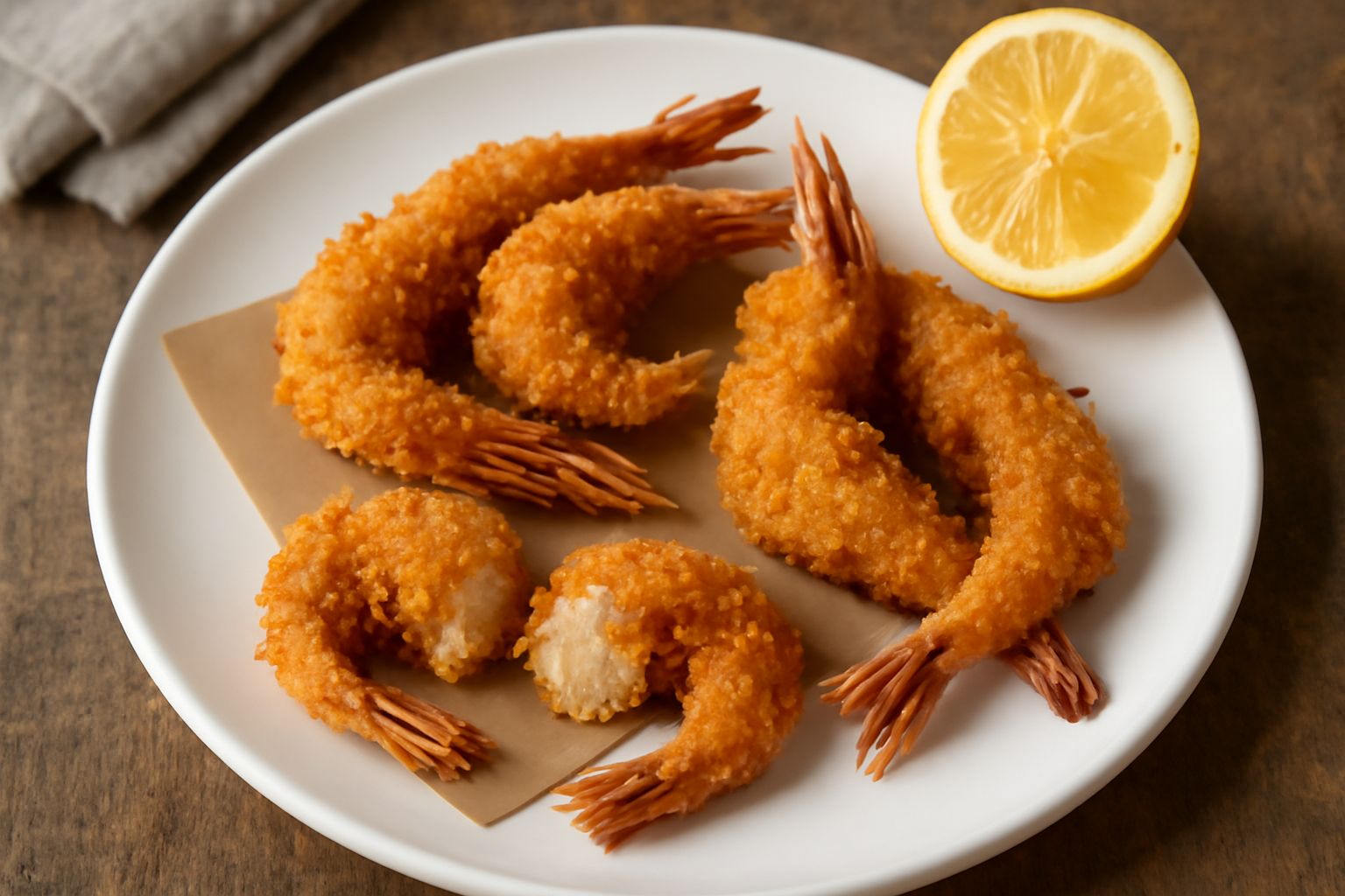 Gamberi di acqua dolce fritti dorati e croccanti disposti su carta da forno bianca, ancora fumanti, con limone affettato e prezzemolo fresco spargoli attorno