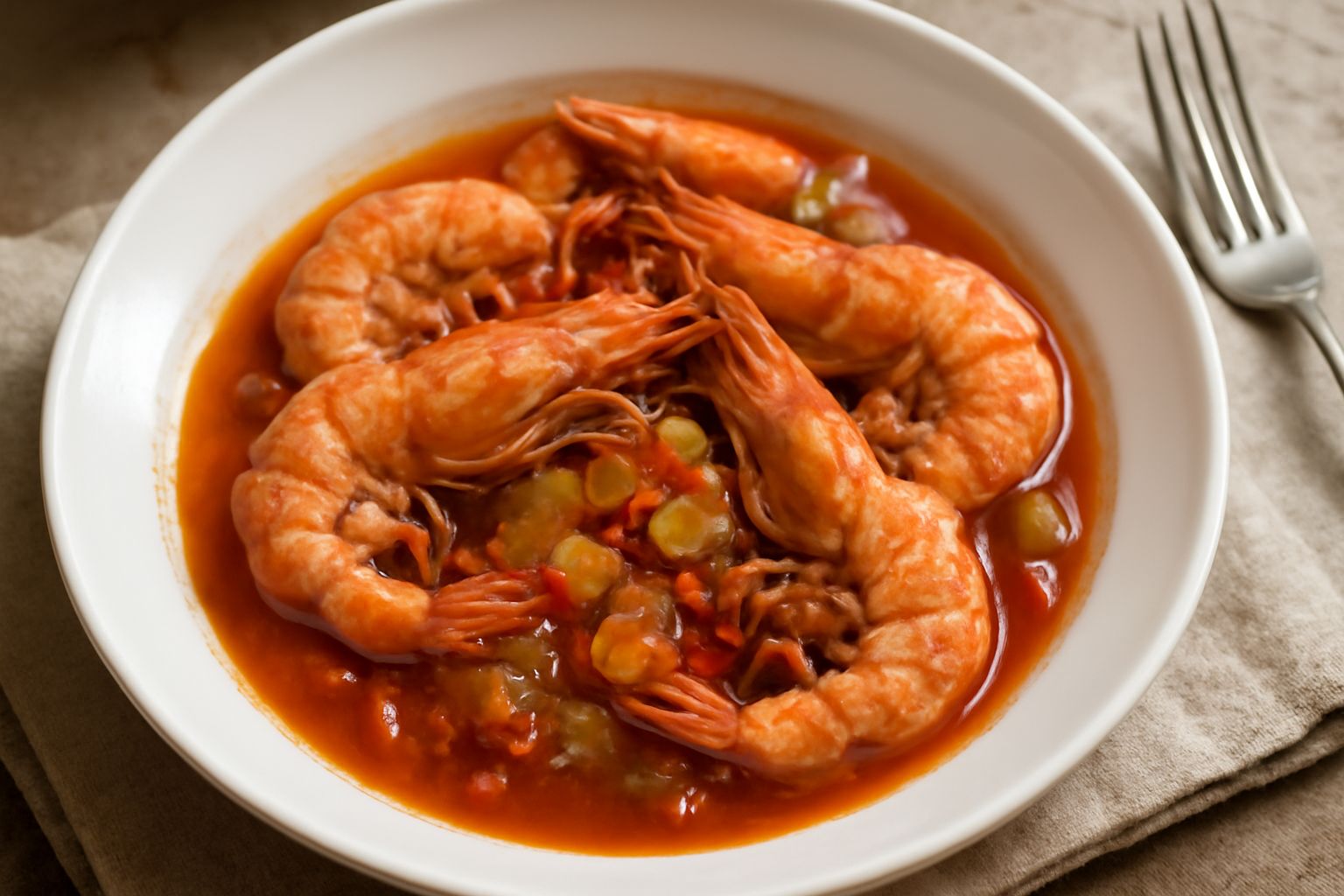 Gamberi di acqua dolce in umido in una ciotola di ceramica bianca, circondati da salsa di pomodoro e erbe aromatiche, con cipolla e aglio sfumati visibili sullo sfondo