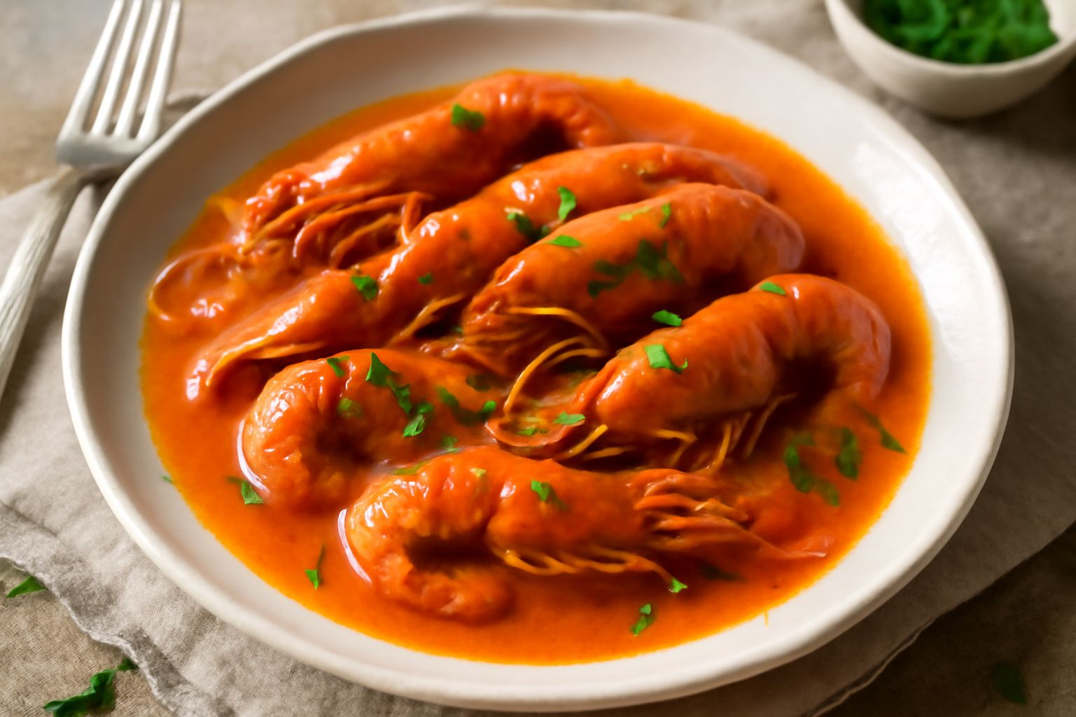 Gamberi rosati disposti in un piatto bianco con salsa di pomodoro e basilico, accompagnati da prezzemolo fresco e gocce di olio d'oliva
