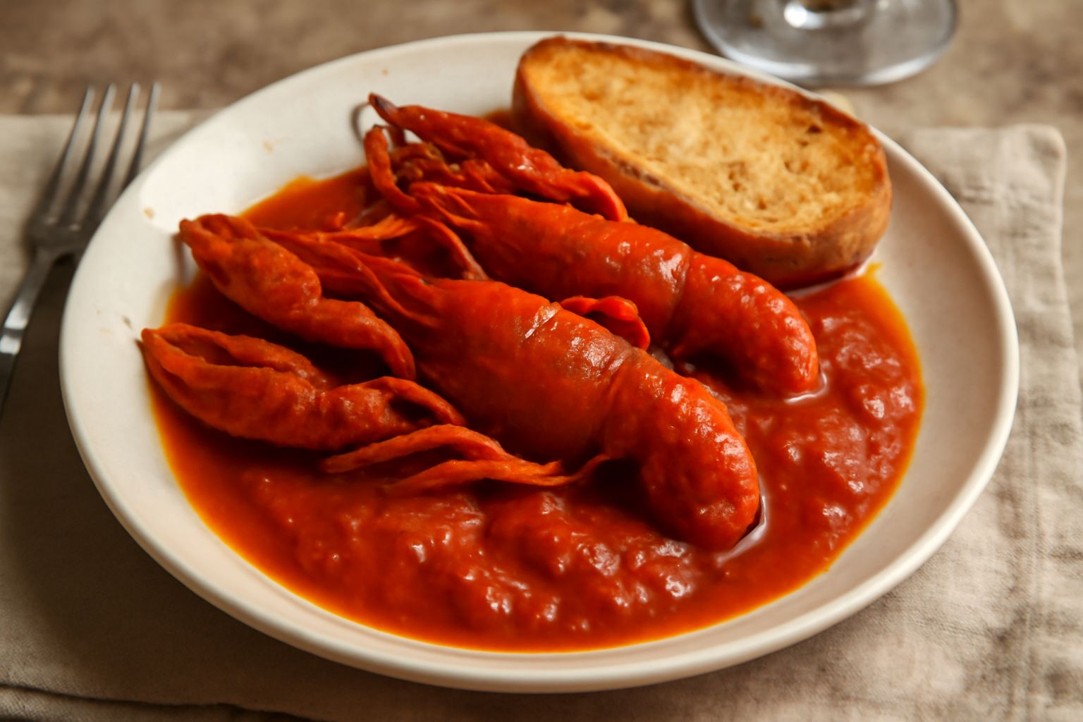 Gamberi rossi cotti in umido in un piatto bianco profondo, ricoperti di salsa pomodoro densa, con prezzemolo fresco e limone accanto, su fondo di legno scuro