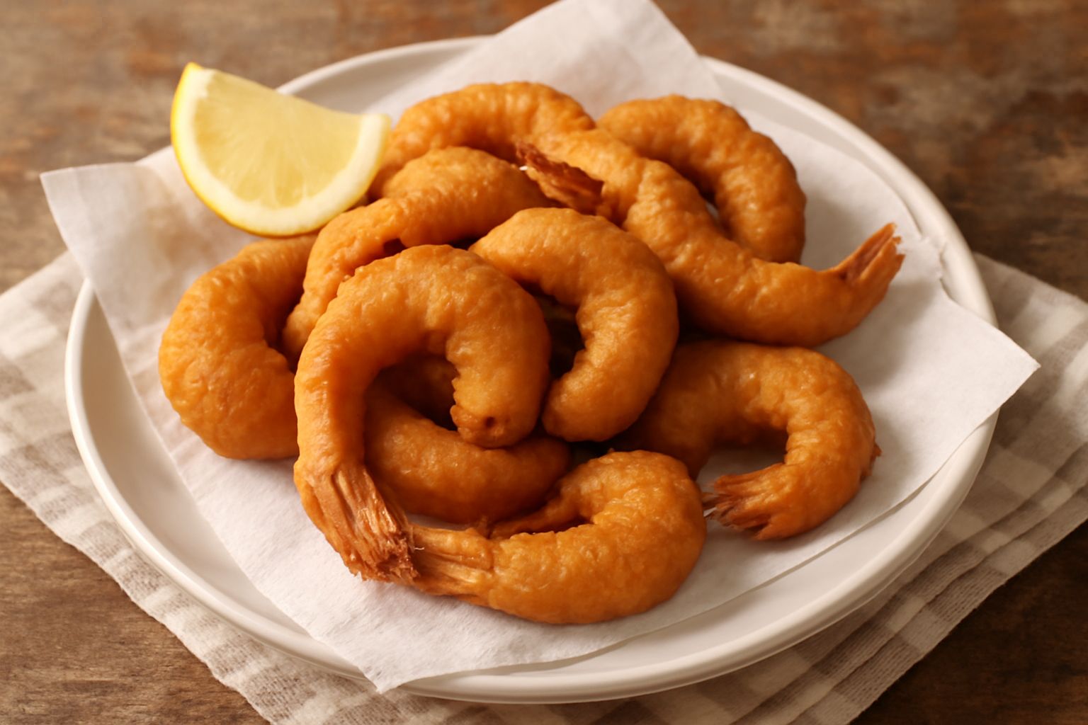 Gamberi fritti dorati e croccanti disposti su carta assorbente bianca, coda in evidenza, spolverati di sale fino, con limone fresco in fondo al piatto