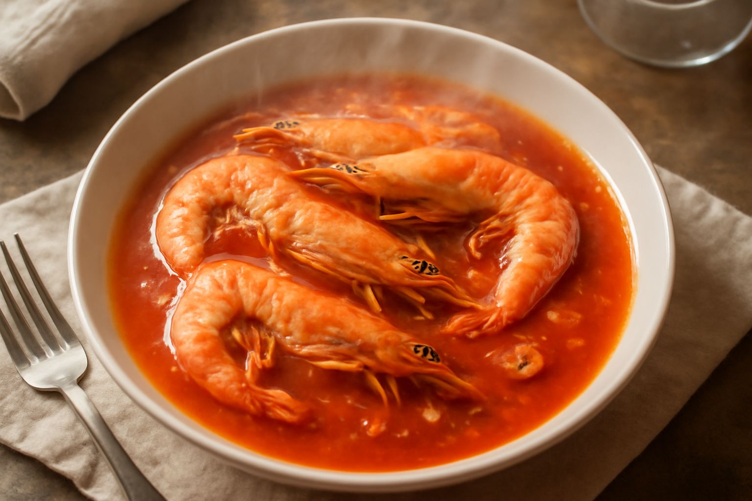 Gamberi rossi in salsa rossa di pomodoro e aglio, in un piatto bianco fondo, con salsa che li ricopre, fette di limone sul bordo e prezzemolo fresco tritato sopra