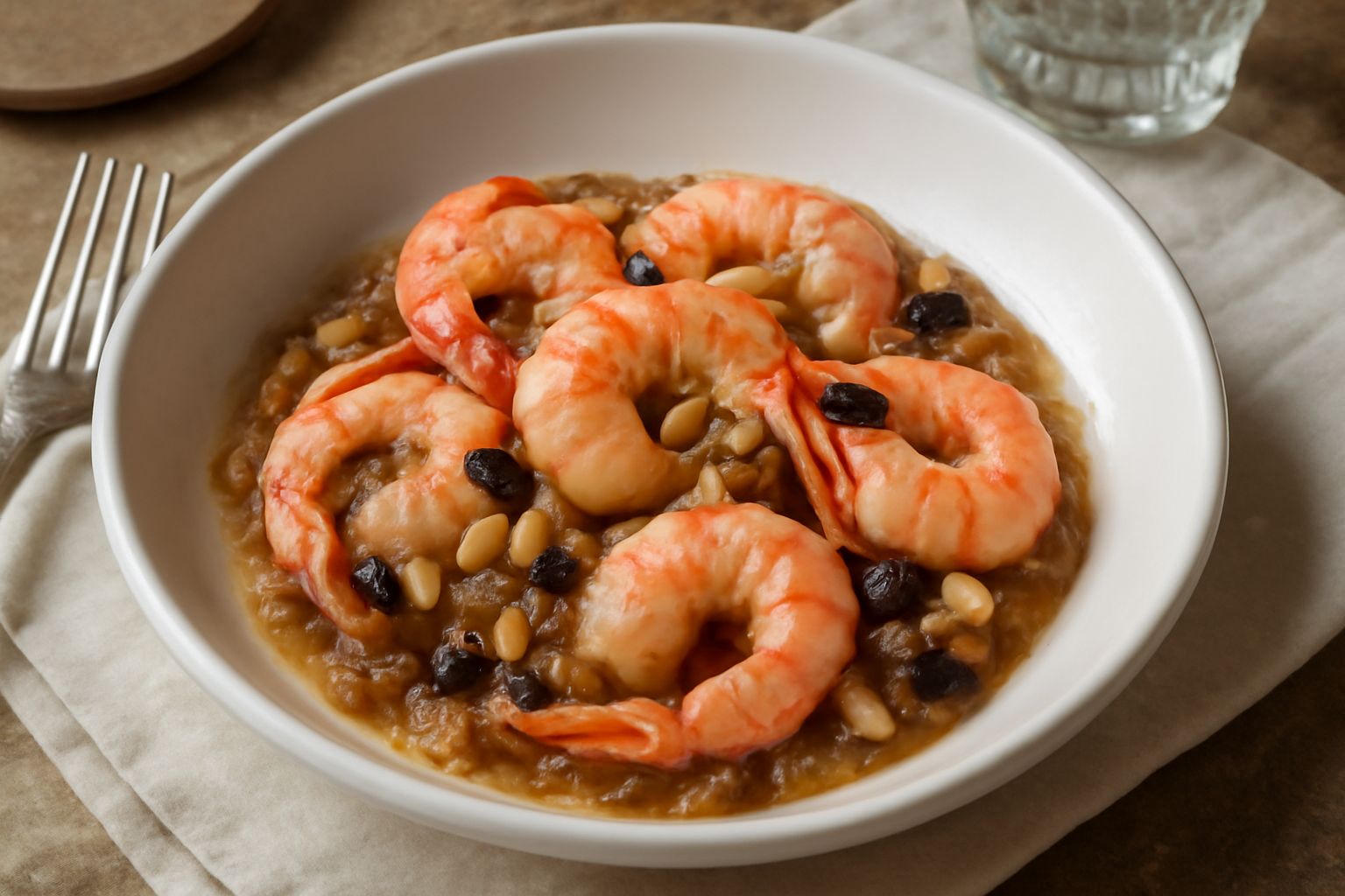 Gamberi rosati lucidi in salsa agrodolce con cipolla dorata, pinoli e uvetta, impiattati su un fondo bianco con qualche cipolla caramellata lungo i bordi