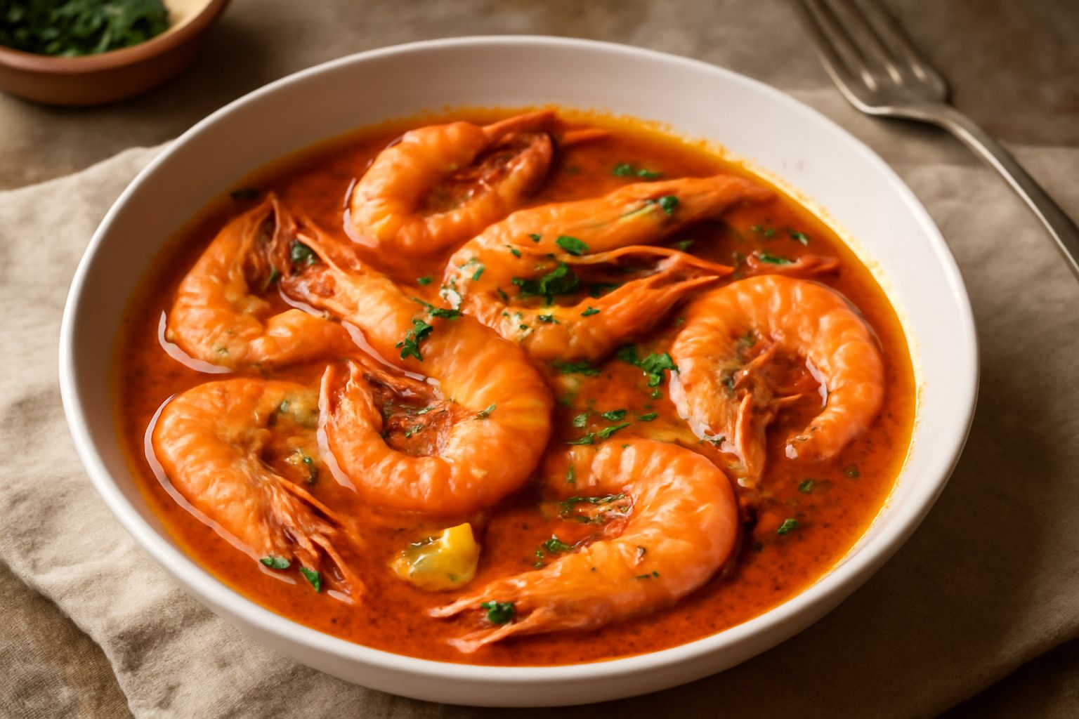 Gamberi rosa-arancioni cotti in un piatto bianco fondo, in brodo rosso di pomodoro con filetti di aglio trasparenti, fette di limone giallo accanto, prezzemolo verde come guarnizione