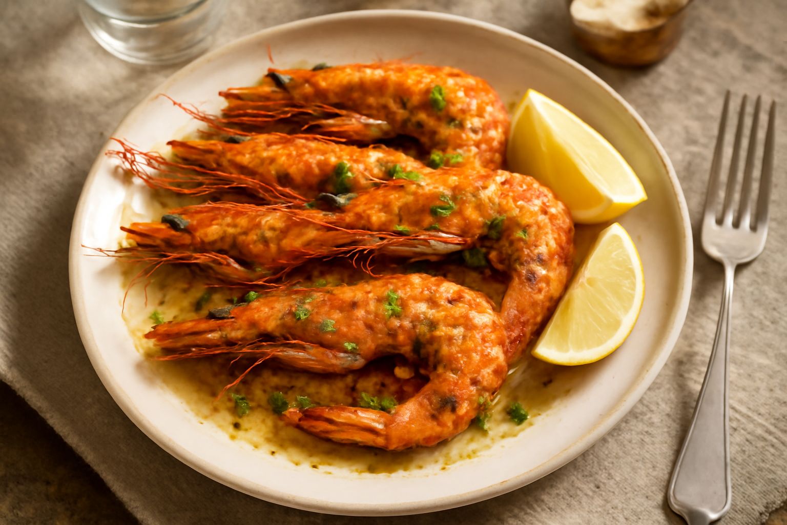 Gamberoni rosa e bianchi cotti al forno su piatto bianco, con spicchi di limone, prezzemolo fresco e gocce d'olio d'oliva