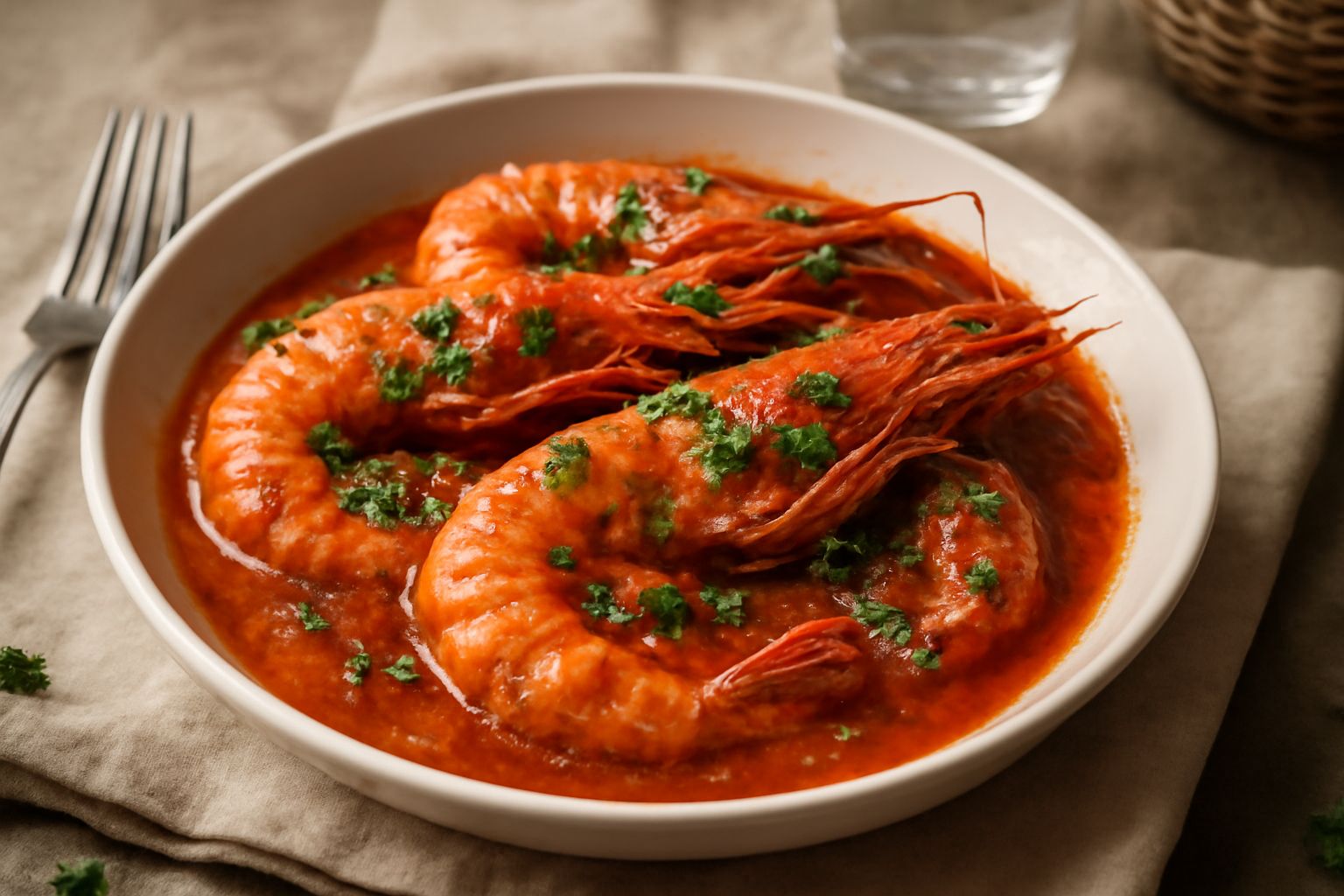 Gamberoni rossi e bianchi immersi in sugo di pomodoro denso, cosparsi di prezzemolo verde fresco, serviti in una ciotola bianca con aglio spicchi visibili di lato